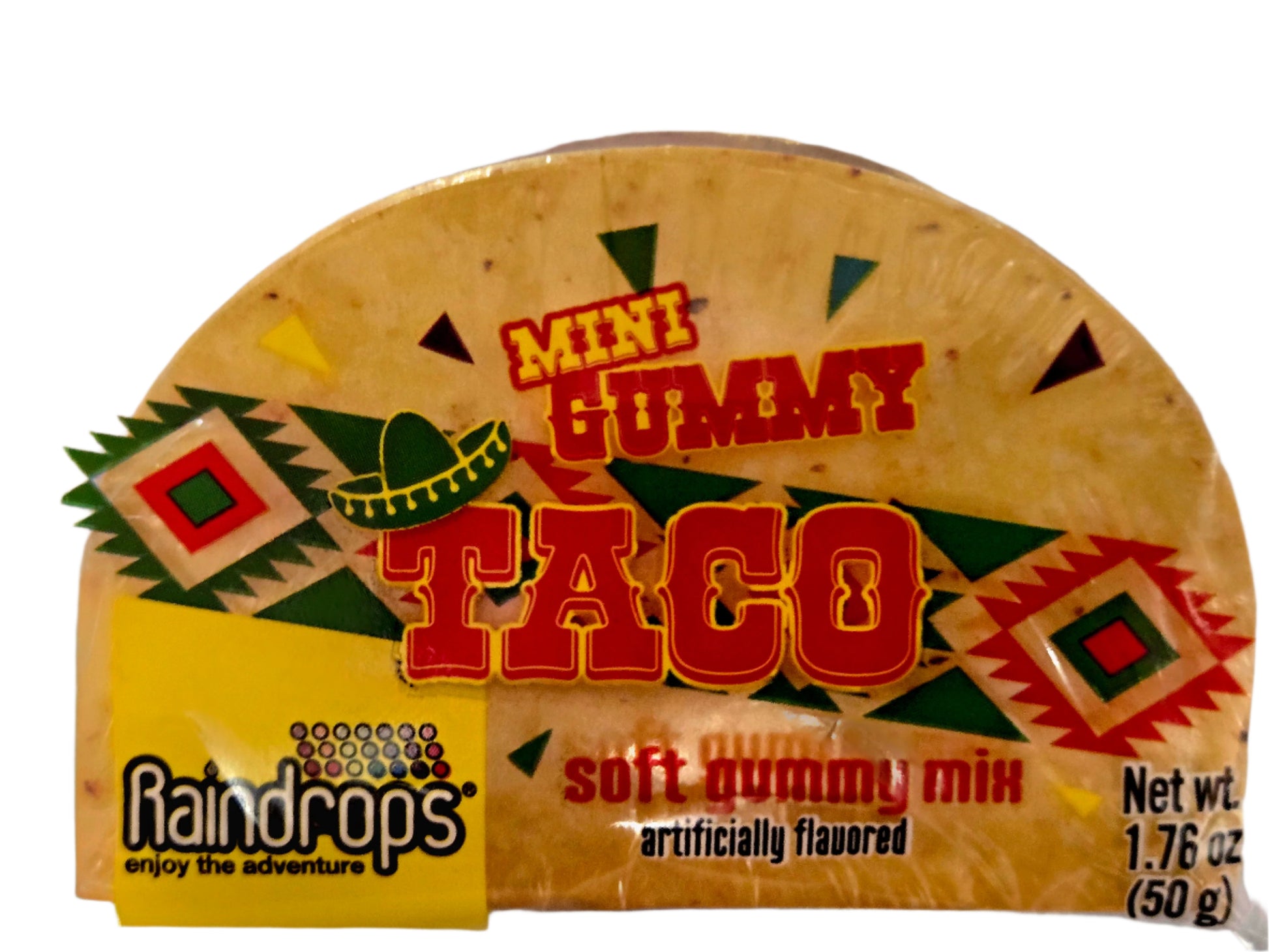 Raindrops Mini Taco Candy: colorful gummy mix in taco-shaped packaging