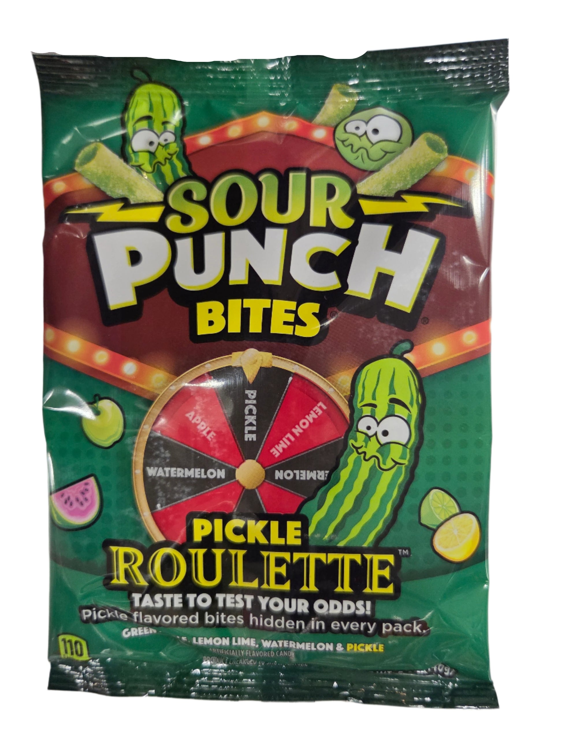Sour Punch Pickle Roulette Candy in green and red packages with cartoon pickles