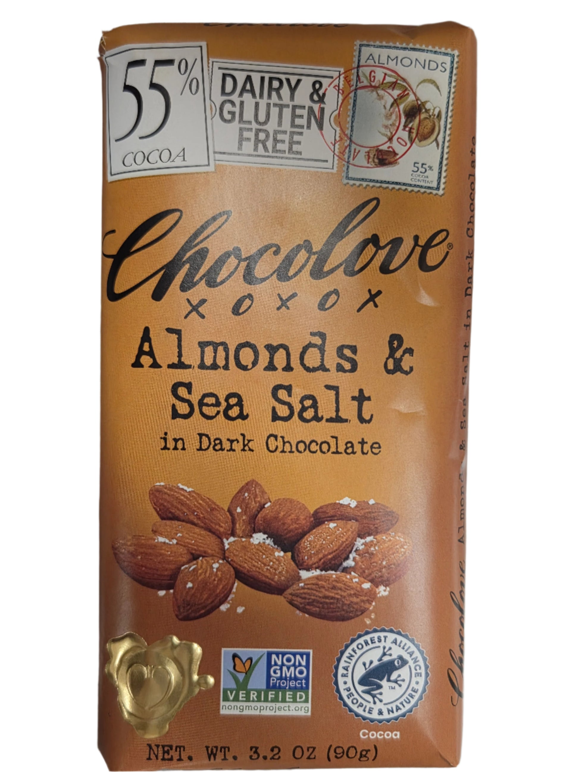 Chocolove dark chocolate bar with almonds and sea salt, 55% cocoa, dairy and gluten free