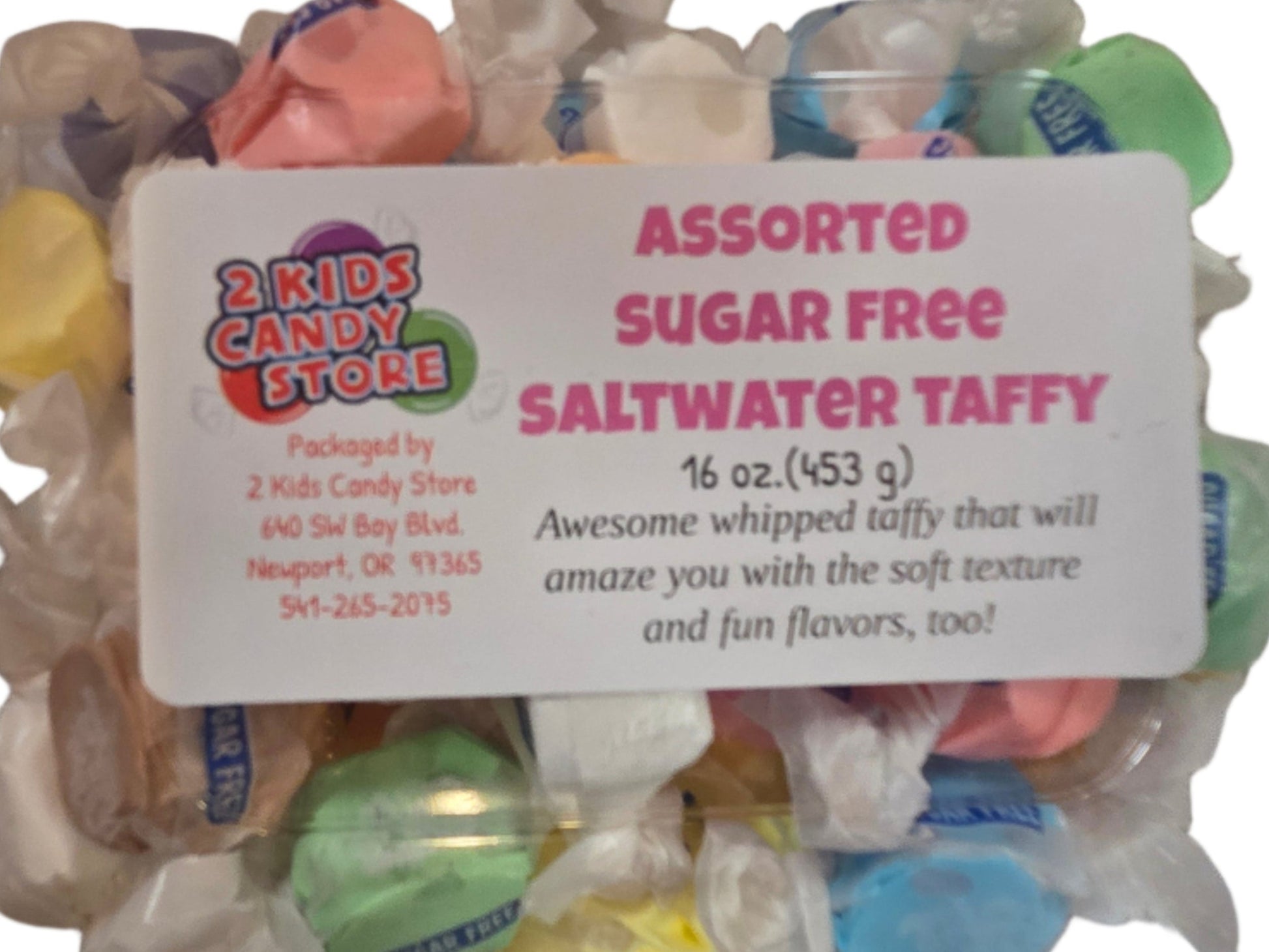 Sugarfree Taffy 16 oz clear container of colorful wrapped candies