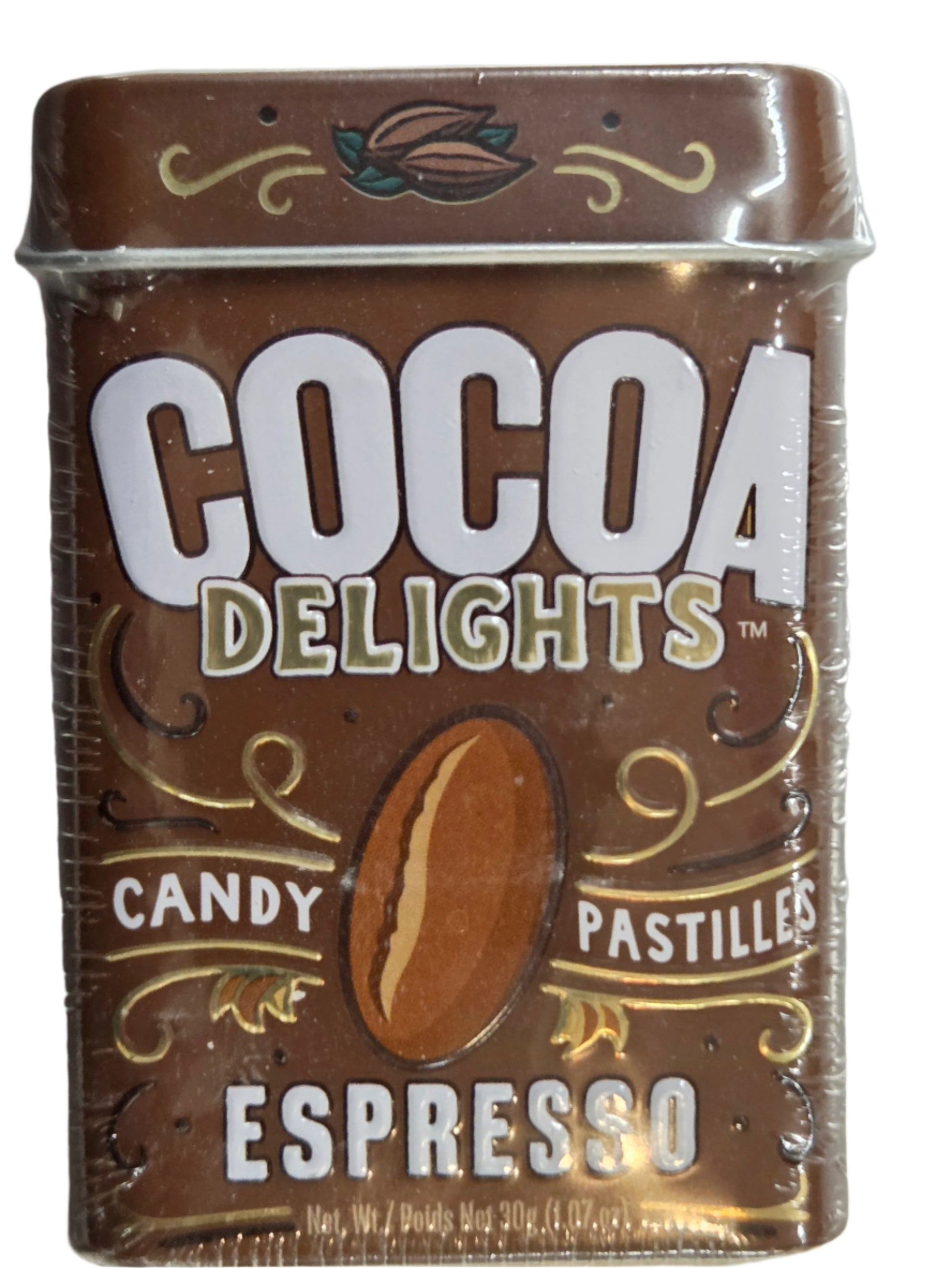 Brown rectangular tin of Cocoa Delights Espresso candy pastilles