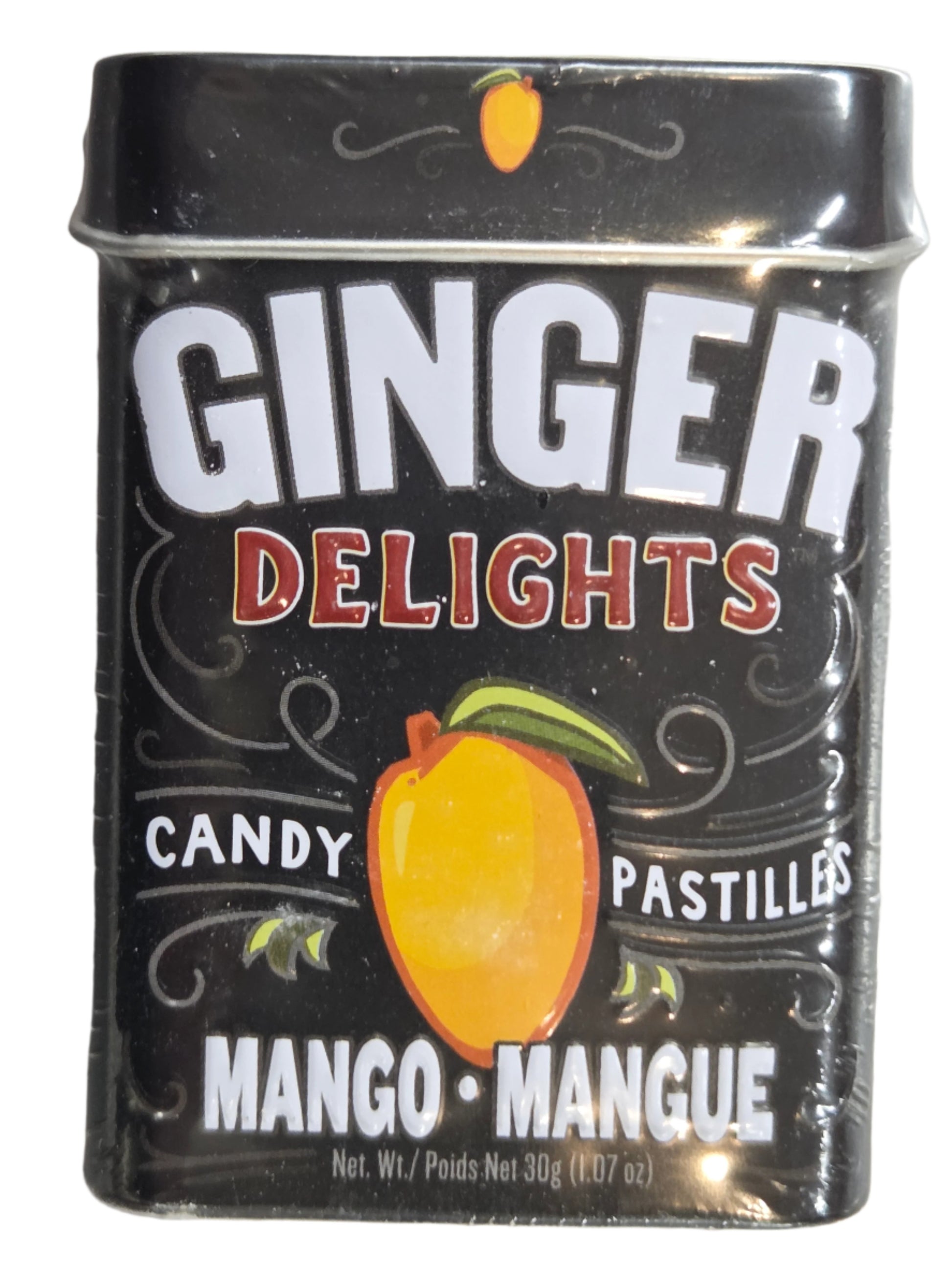 Ginger Delights Mango Candy Pastilles Tin with mango illustration