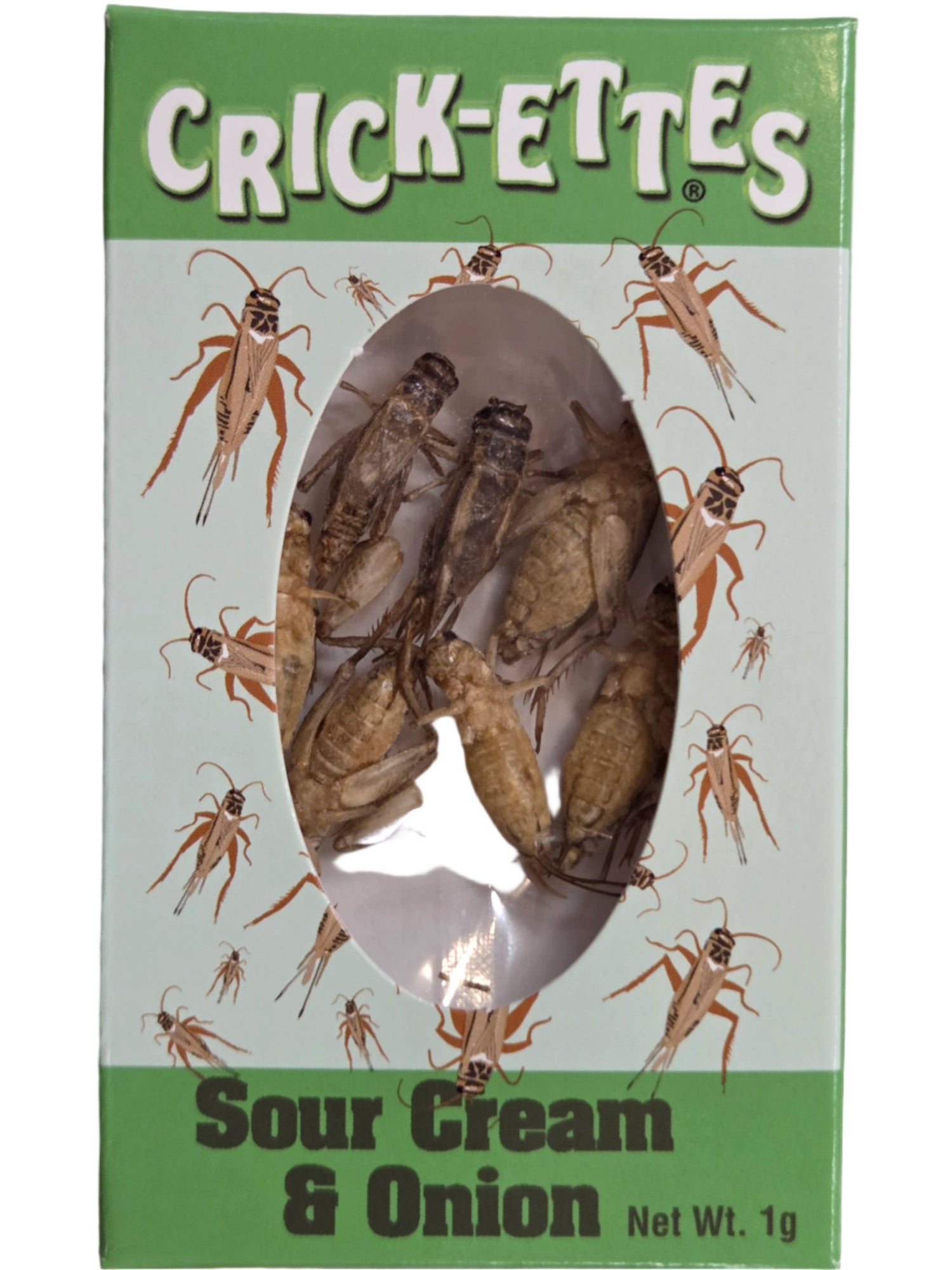 Hotlix Crick-ettes sour cream onion cricket snacks in green package