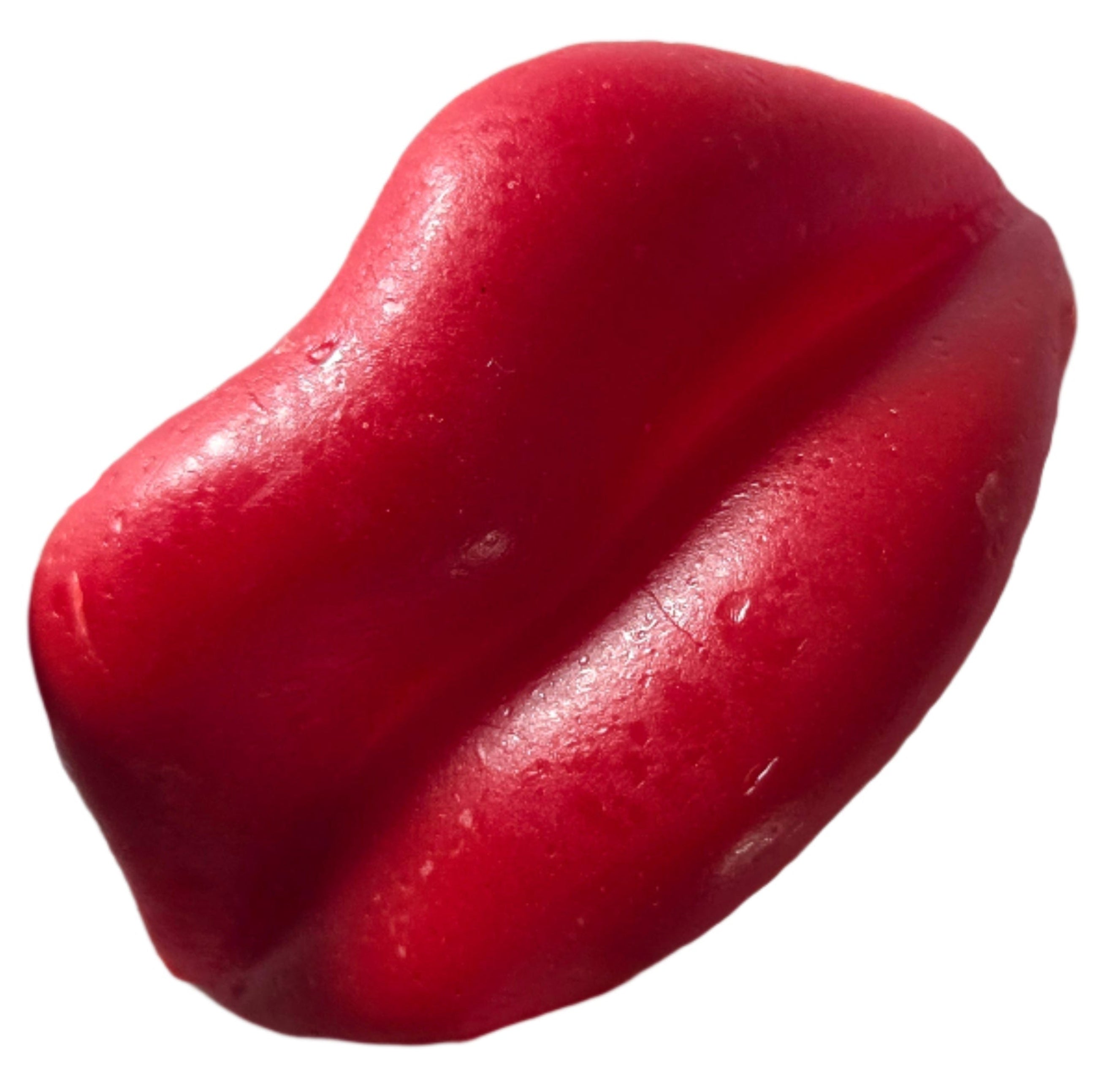 Vibrant red glossy Wack-o-Wax Lips soap with smooth translucent surface