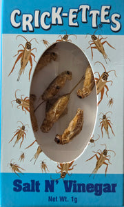 Hotlix Crick-ettes Salt & Vinegar: blue and white box of seasoned dried grasshoppers