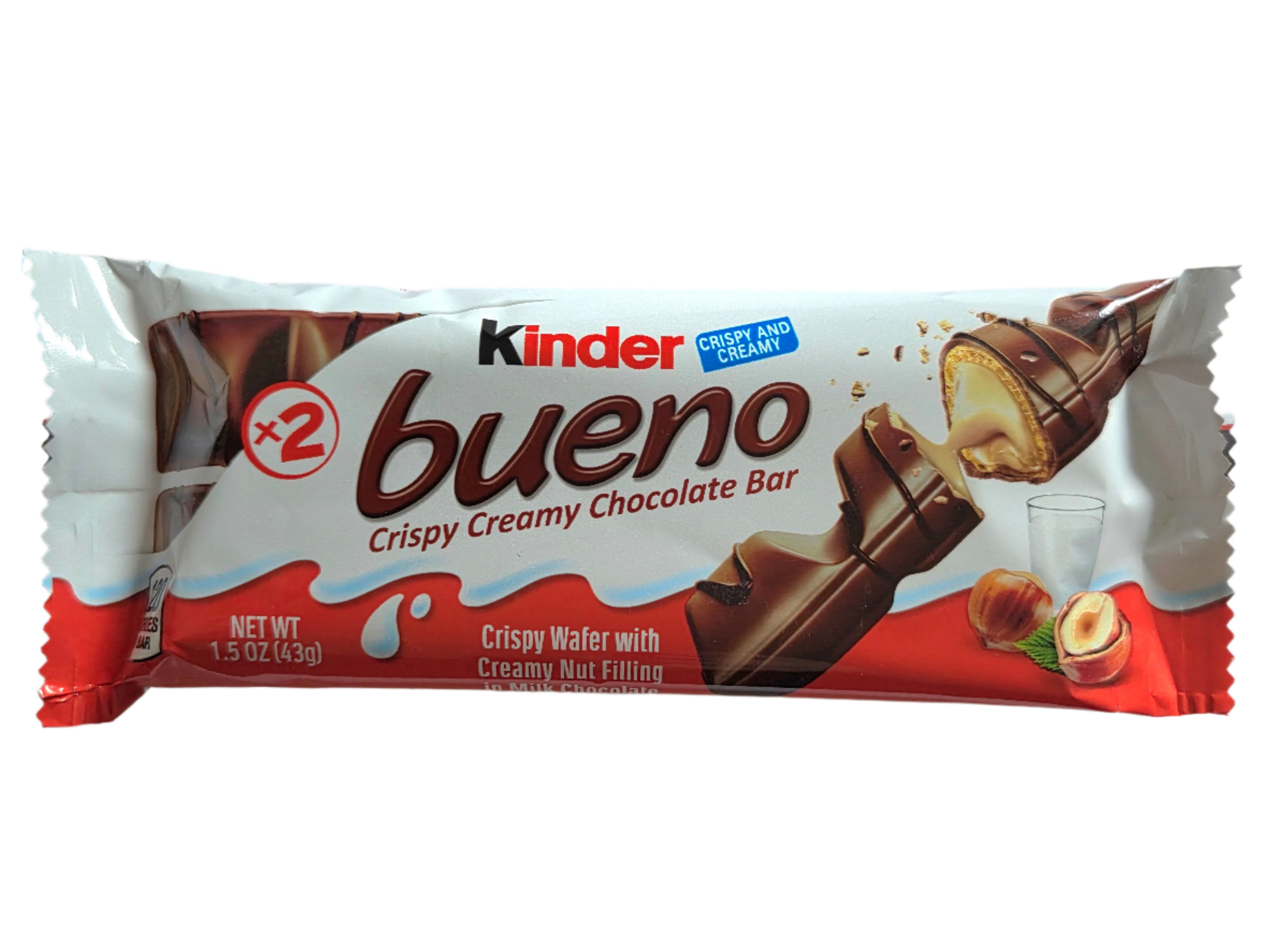 Kinder Bueno creamy chocolate bar in red and white wrapper, broken open showing nut filling