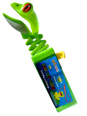 Froggy Chomp green plastic frog lollipop dispenser with springy body and orange eye