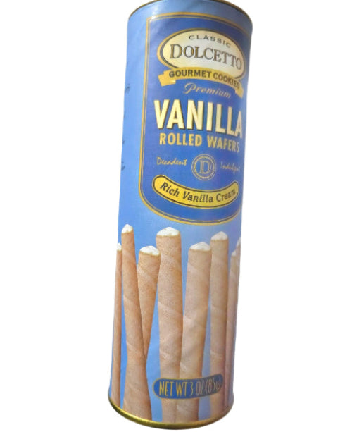 Blue cylindrical tin of Dolcetto Classic Vanilla Rolled Wafers with gold trim