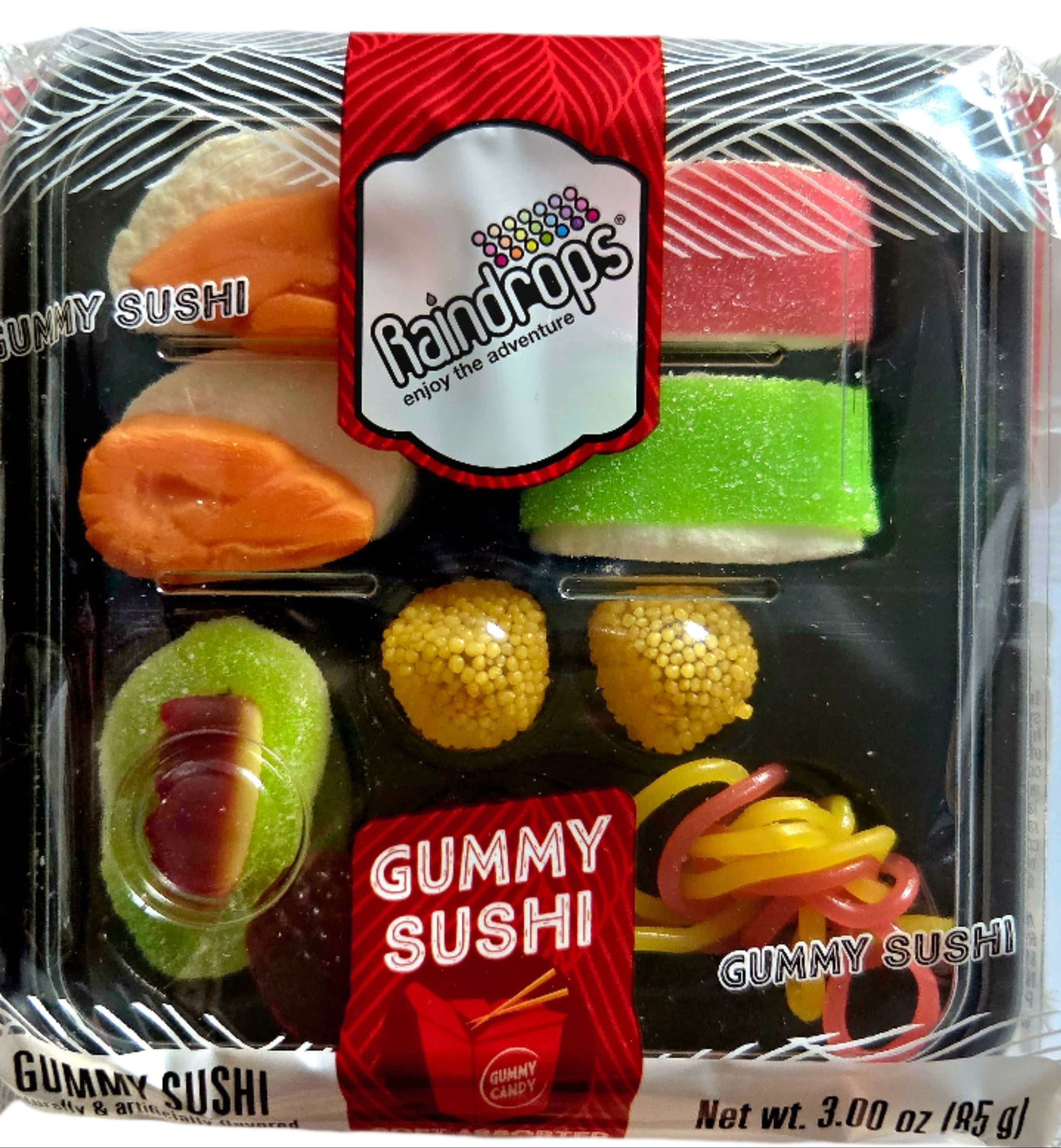 Raindrops gummy sushi in clear package, red white labels, Candy Sushi Kit