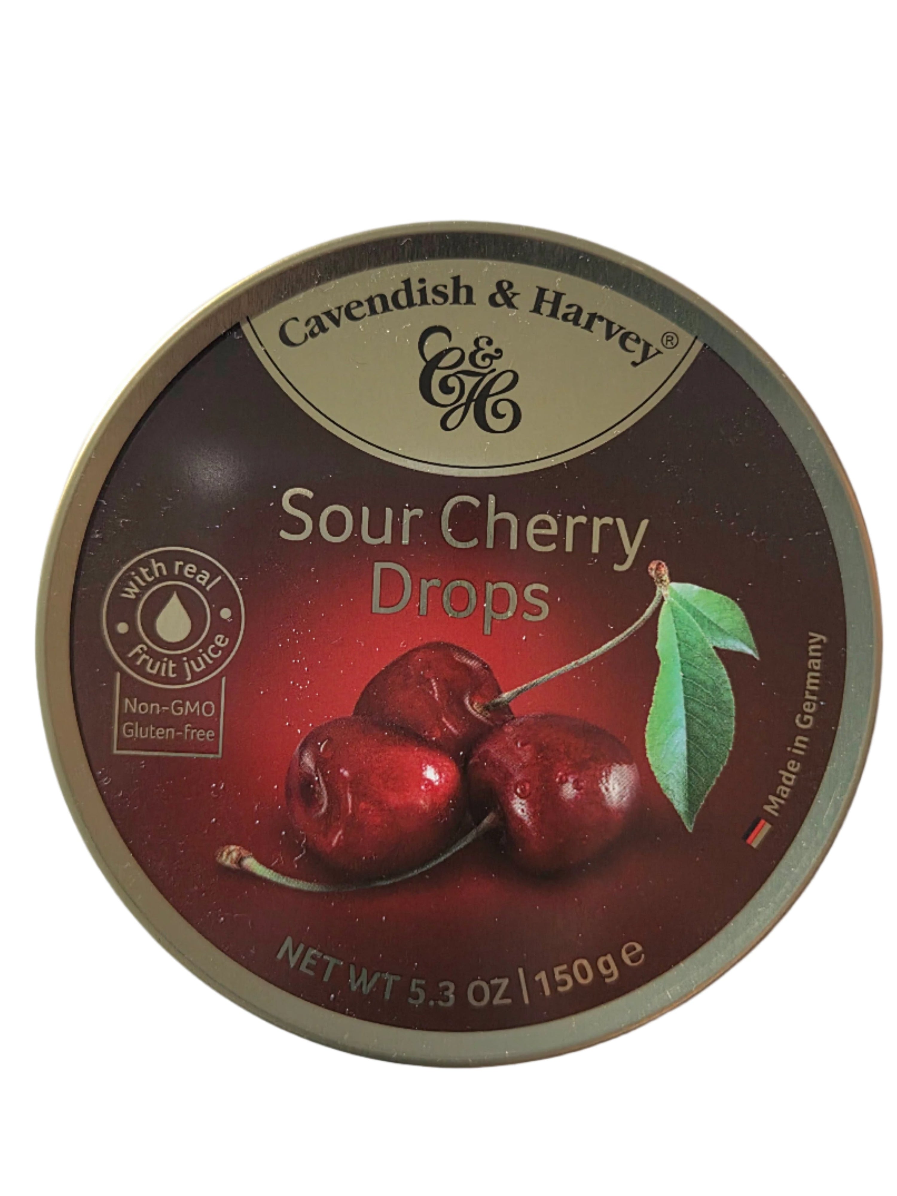 Cavendish & Harvey sour cherry drops in dark red tin