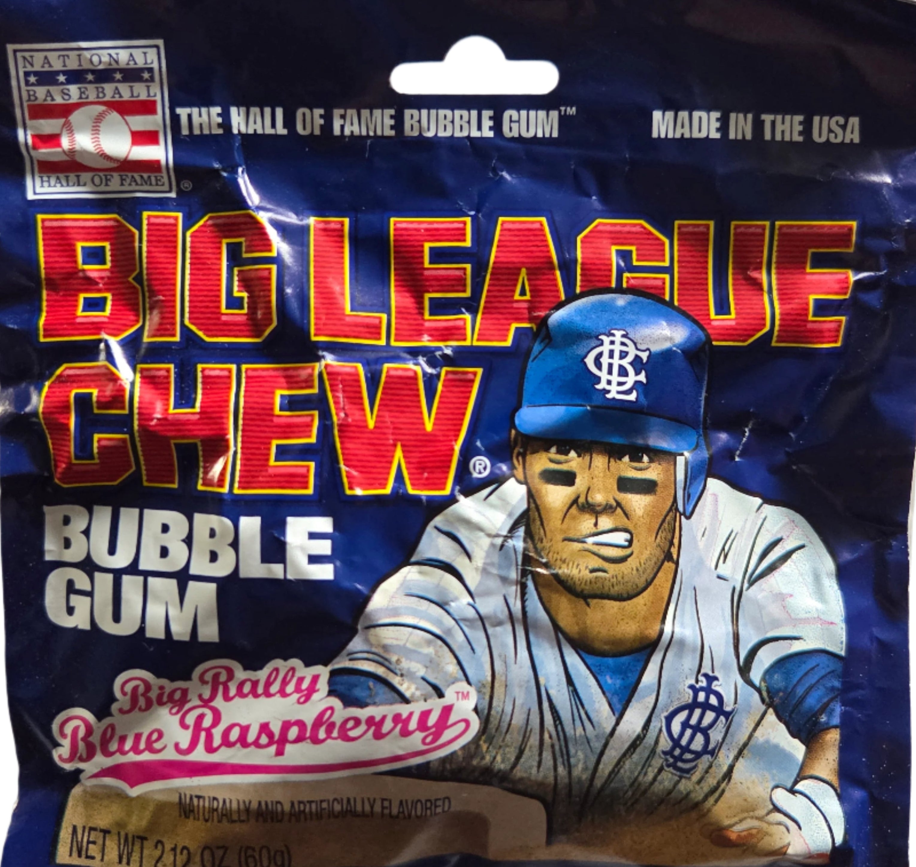 Big League Chew Blue Raspberry Bubble Gum with cartoon baseball player