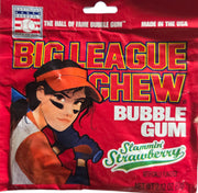 Big League Chew Slammin Strawberry bubble gum in red bag with cartoon baseball player