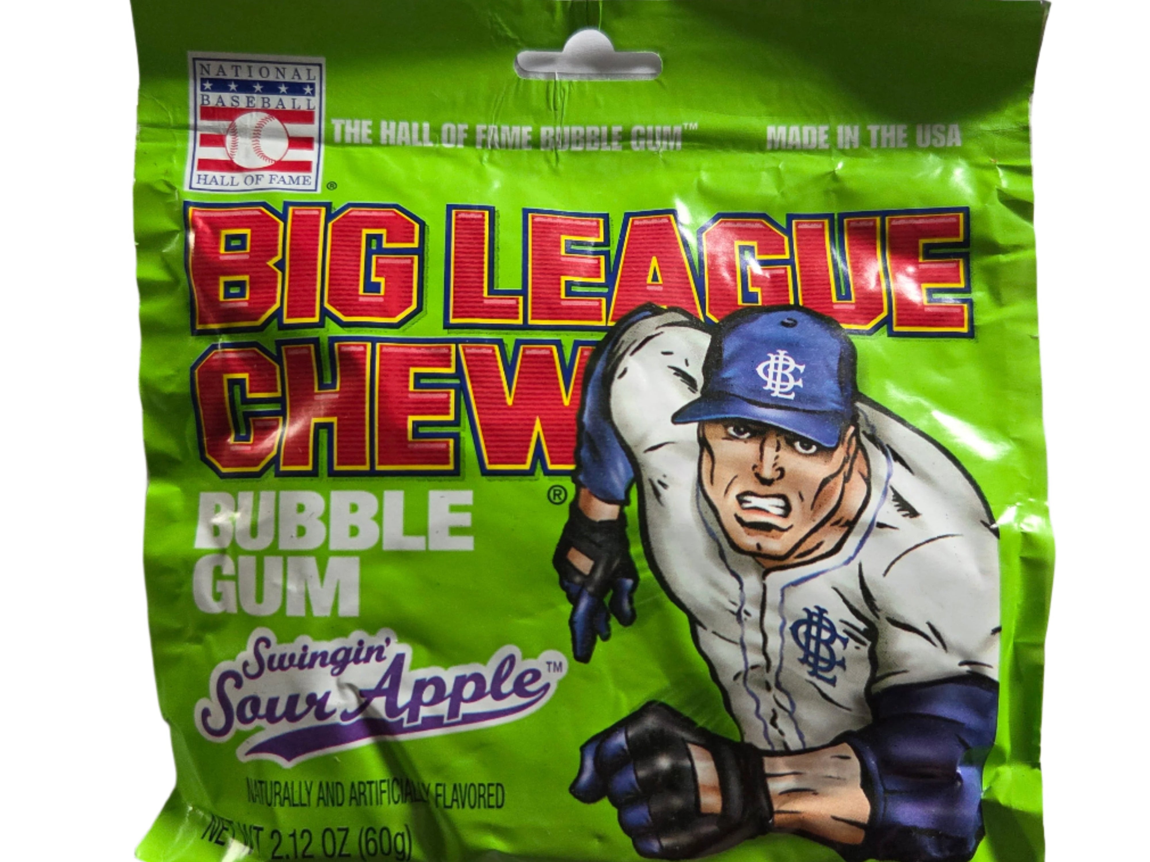 Big League Chew Sour Apple Bubble Gum in green bag with cartoon baseball player
