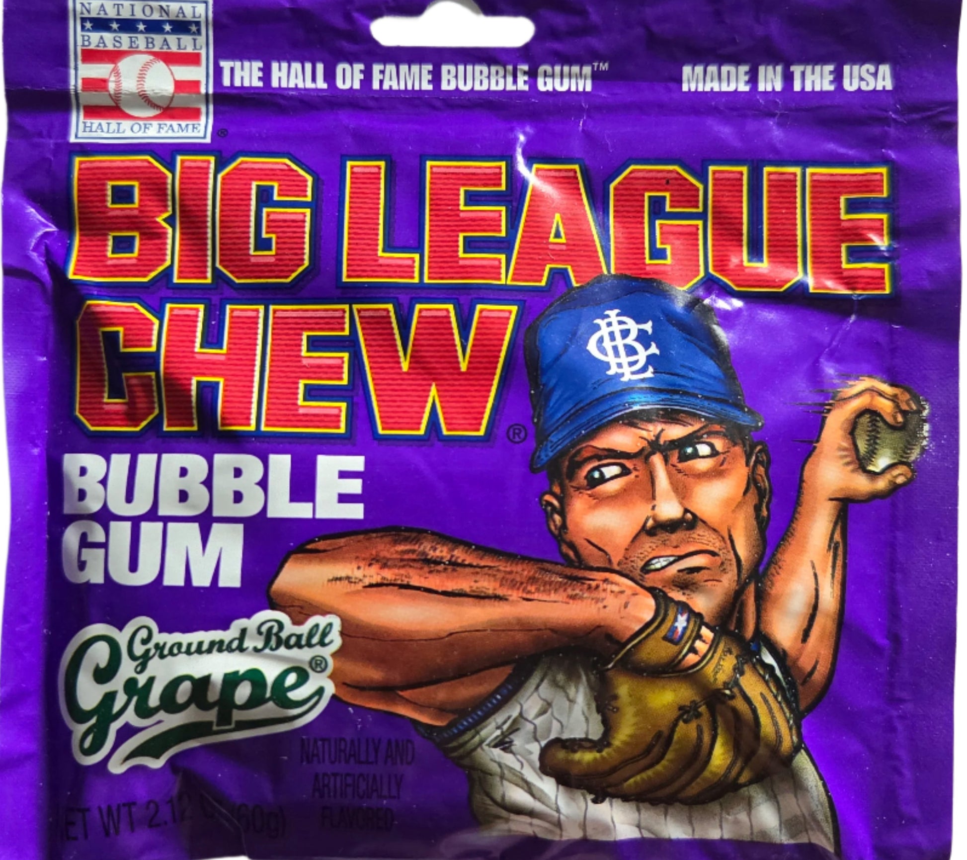 Big League Chew Grape Bubble Gum purple package with cartoon baseball player