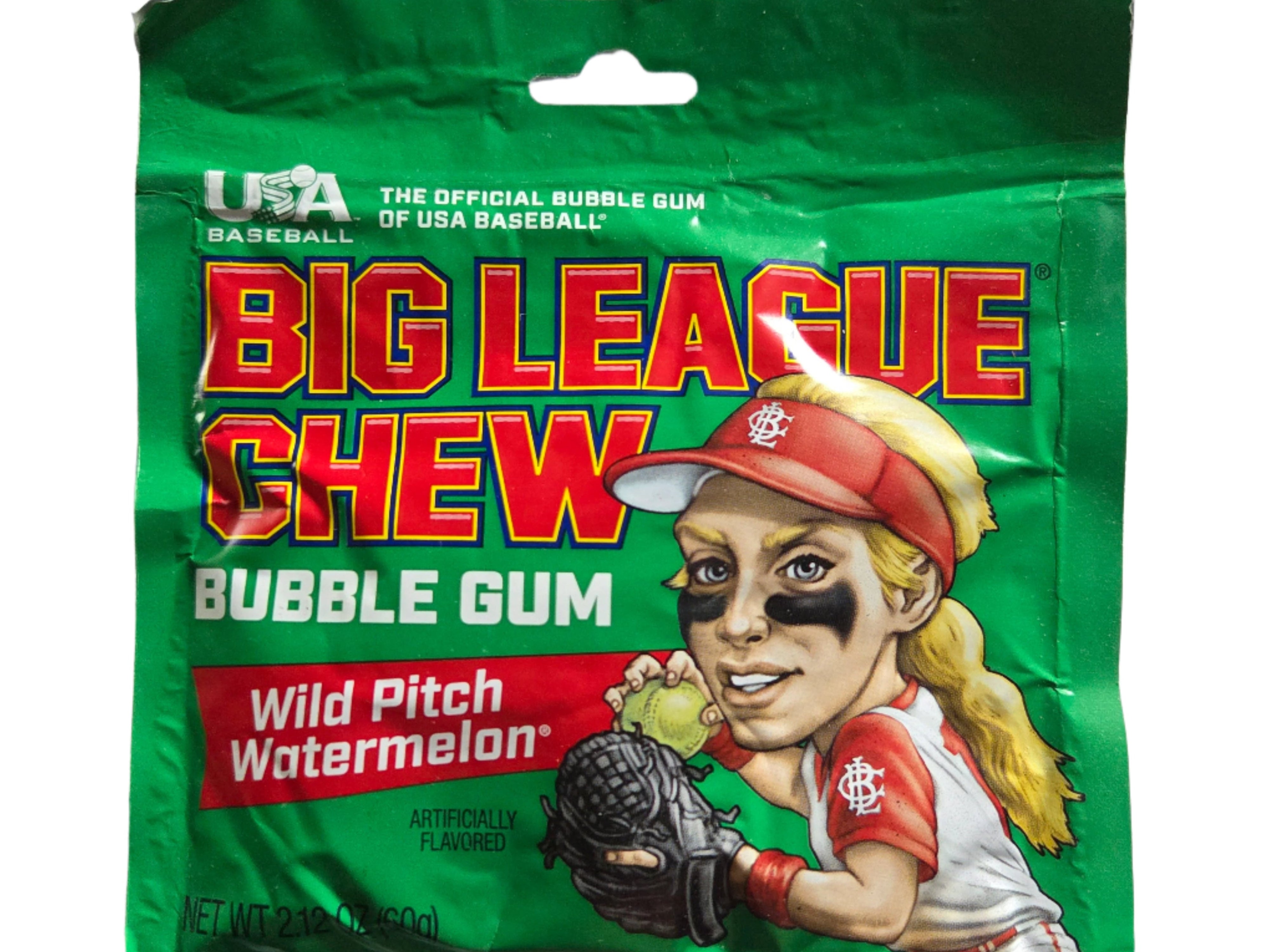 Big League Chew Watermelon Bubble Gum with cartoon female baseball player