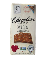 Chocolove Milk Chocolate 33% Bar in cream wrapper with seals