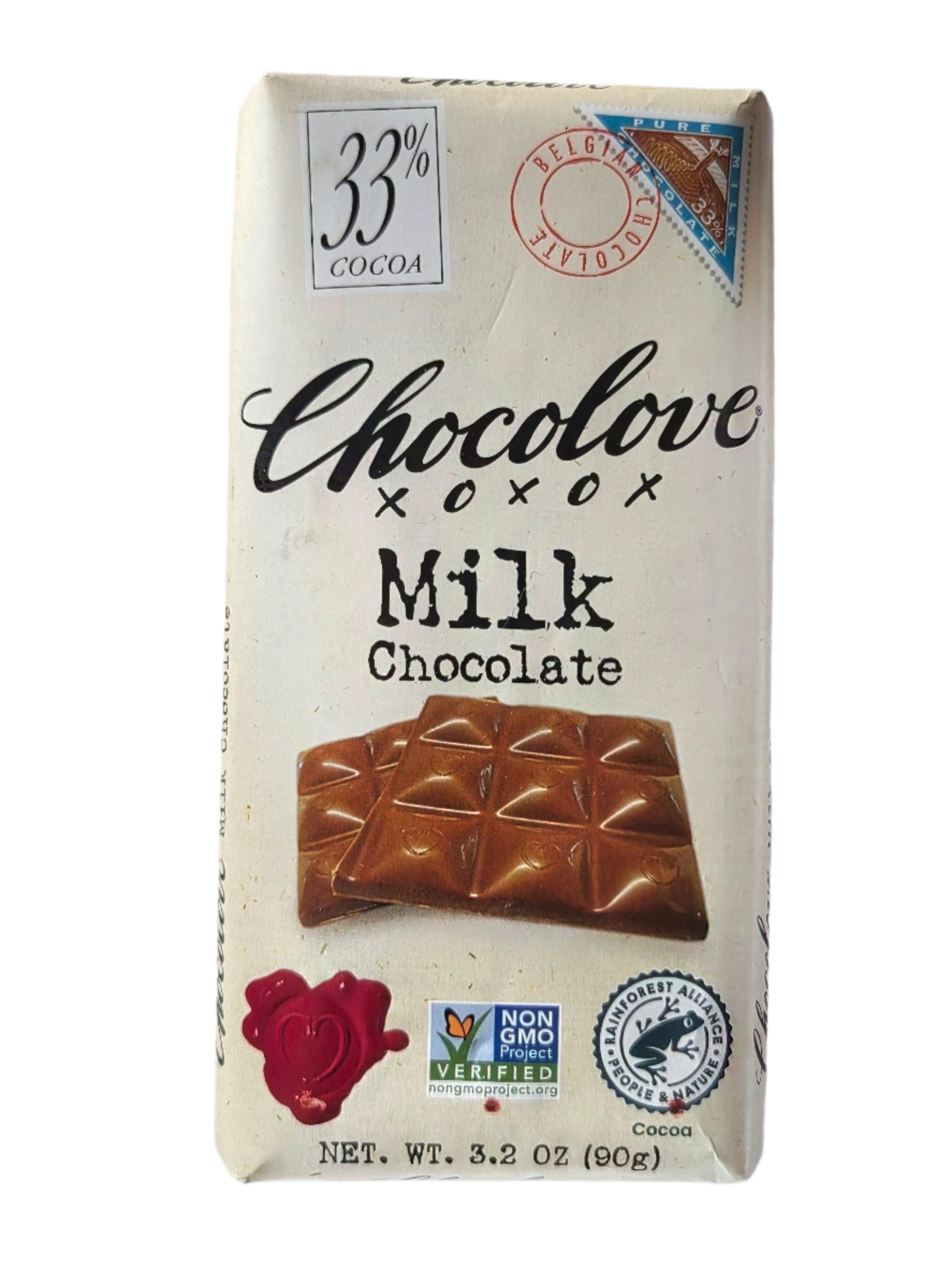 Chocolove Milk Chocolate 33% Bar in cream wrapper with seals