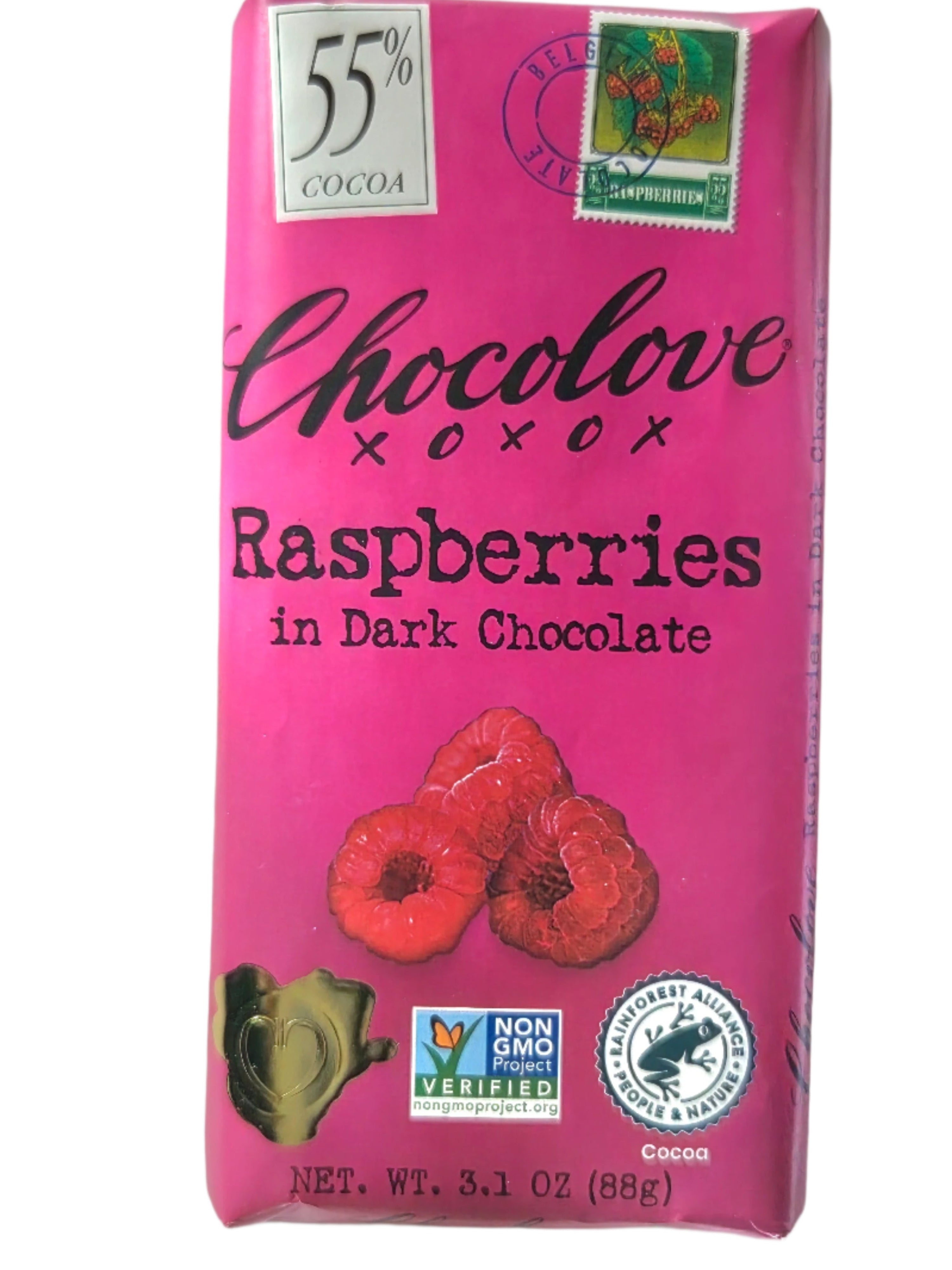 Chocolove Dark Raspberry Bar: vibrant pink with raspberries in 55% cocoa dark chocolate, non-GMO