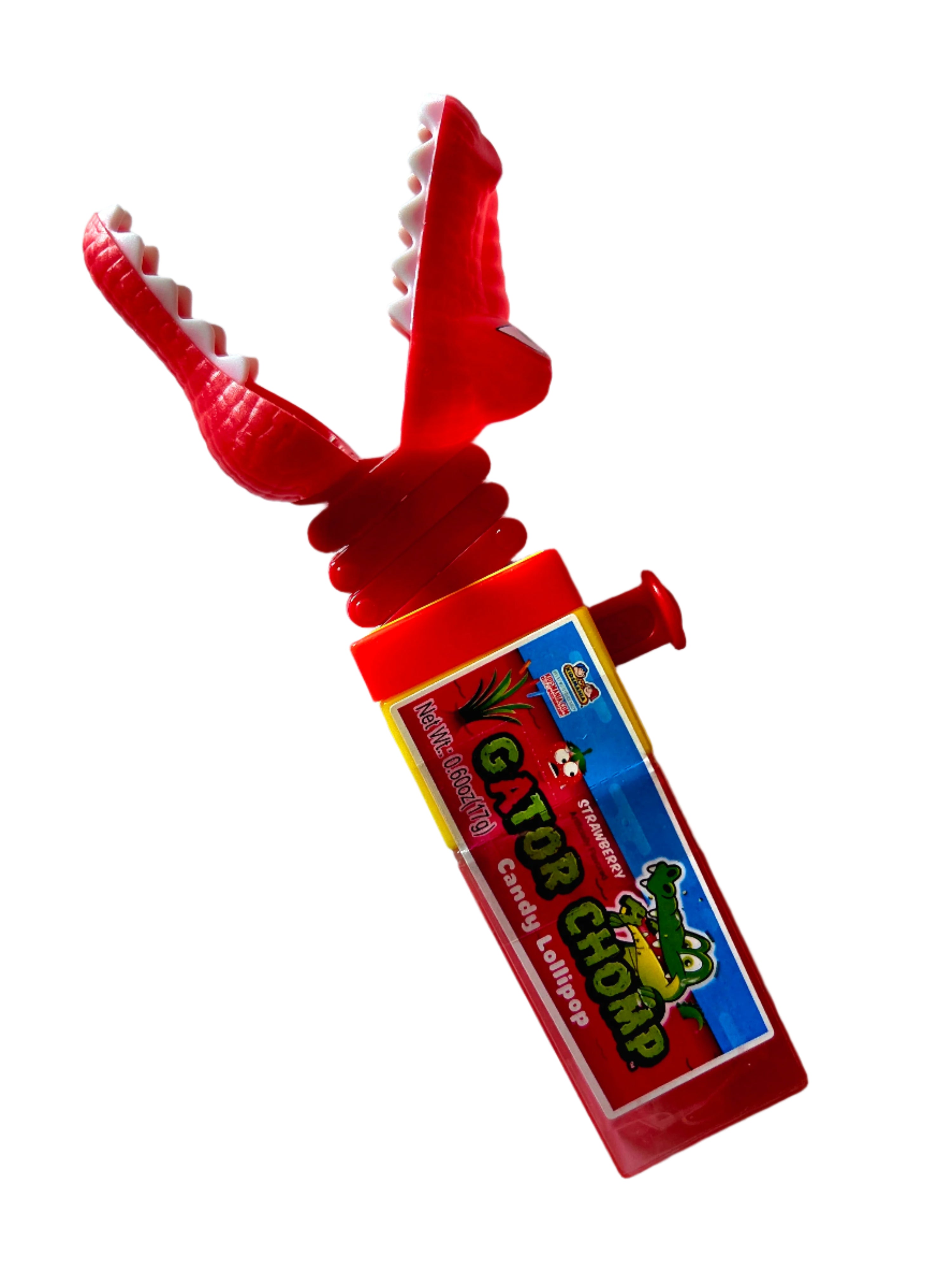 Red Gator Chomp Sucker and Toy: plastic dispenser with white teeth