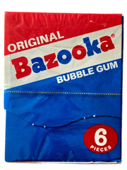Bazooka Throwback Bubble Gum in blue red white package with six pieces