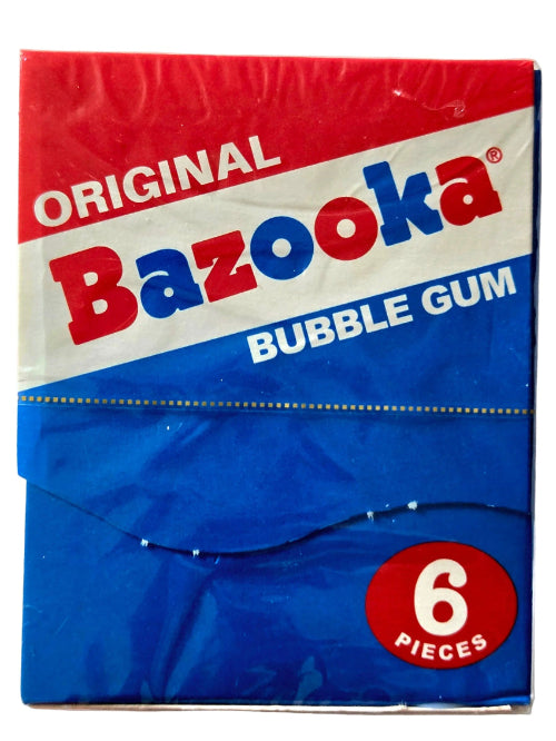 Bazooka Throwback Bubble Gum in blue red white package with six pieces