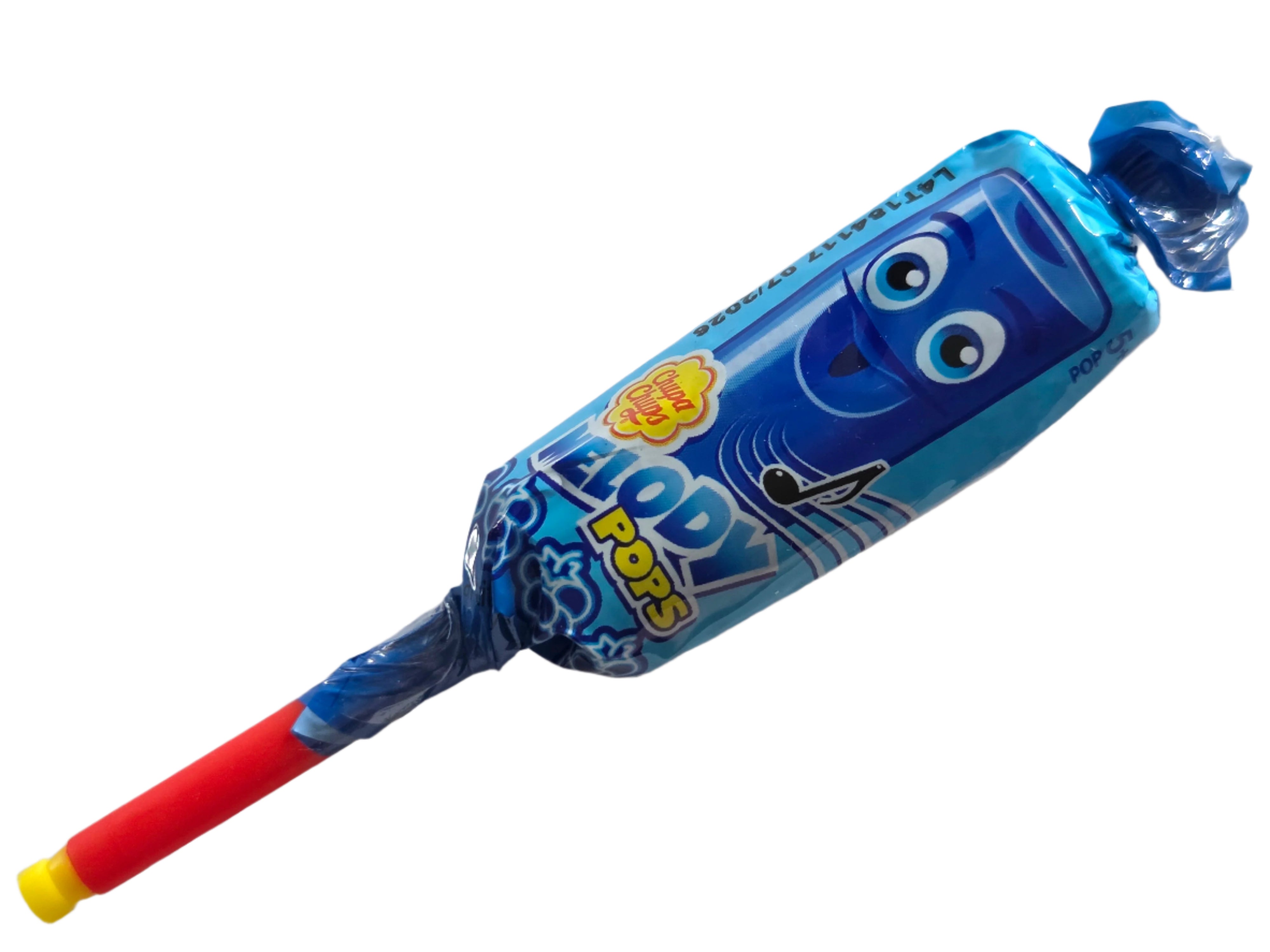 Blue wrapped Chupa Chups Melody Pop lollipop with red stick and yellow tip