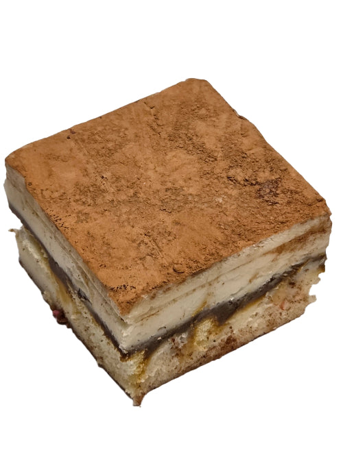 Square slice of Tiramisu Fudge with mascarpone, ladyfingers, and cocoa powder
