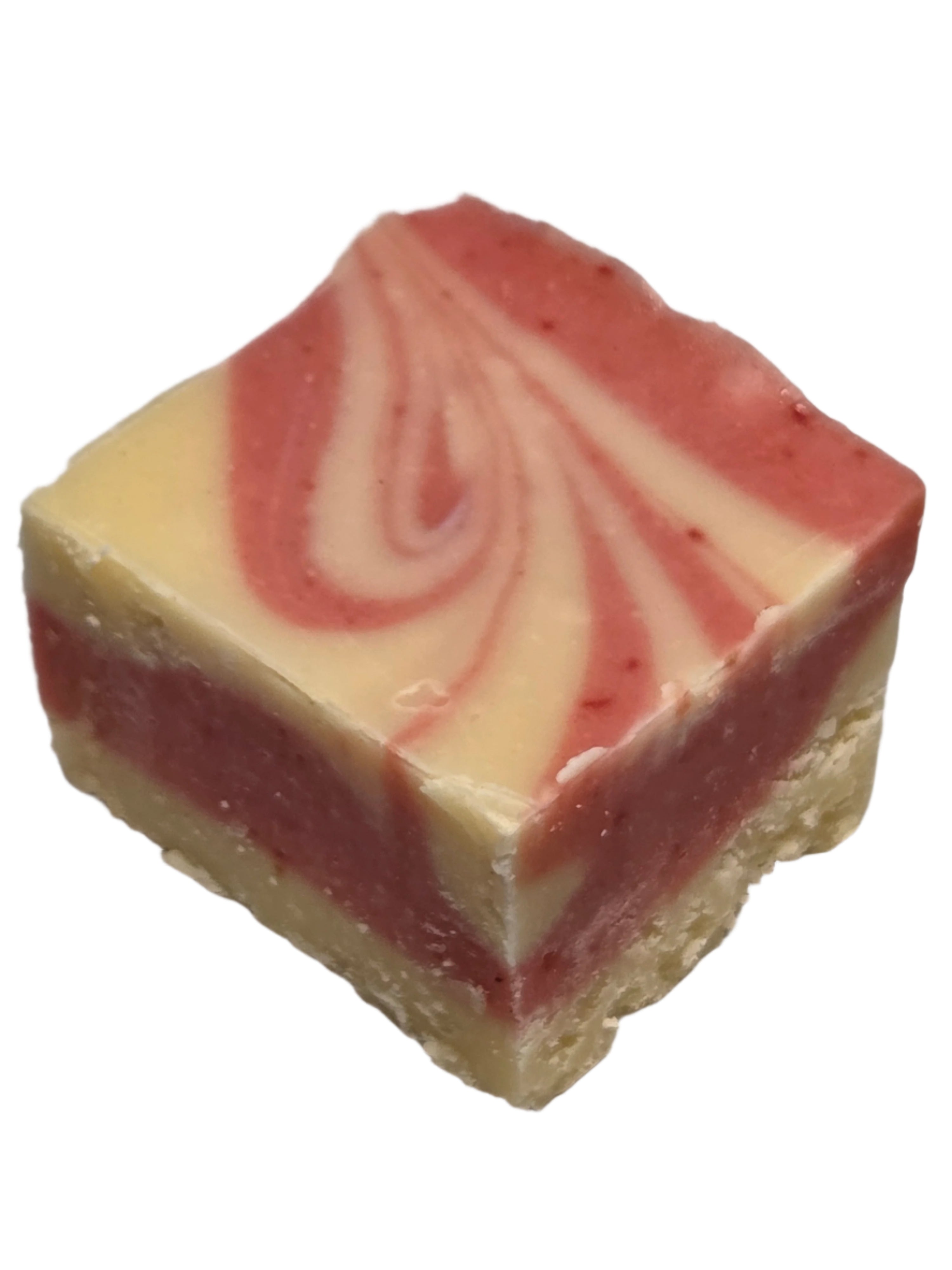 Square raspberry cheesecake fudge with strawberry cream swirl layers