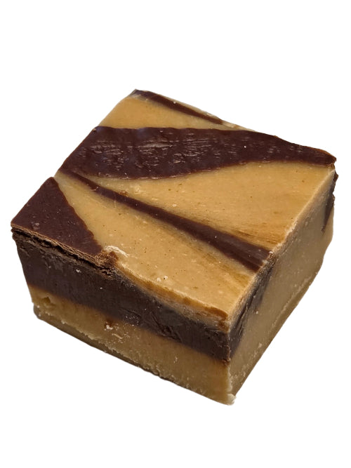 Square peanut butter chocolate swirl fudge with marbled pattern