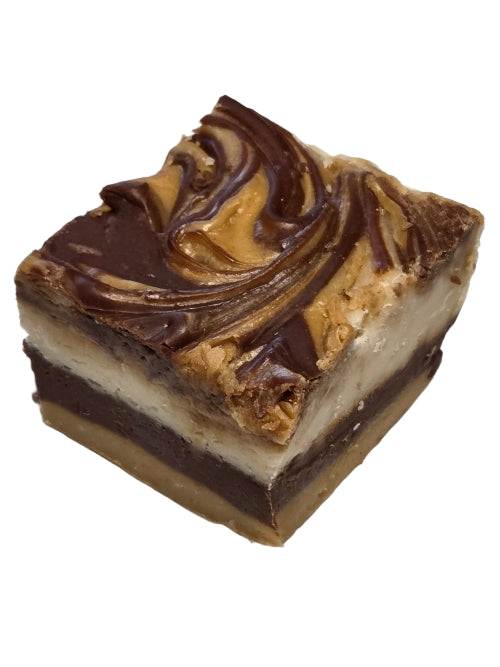 Tiger Butter Fudge: square slice of layered peanut butter chocolate with marbled top