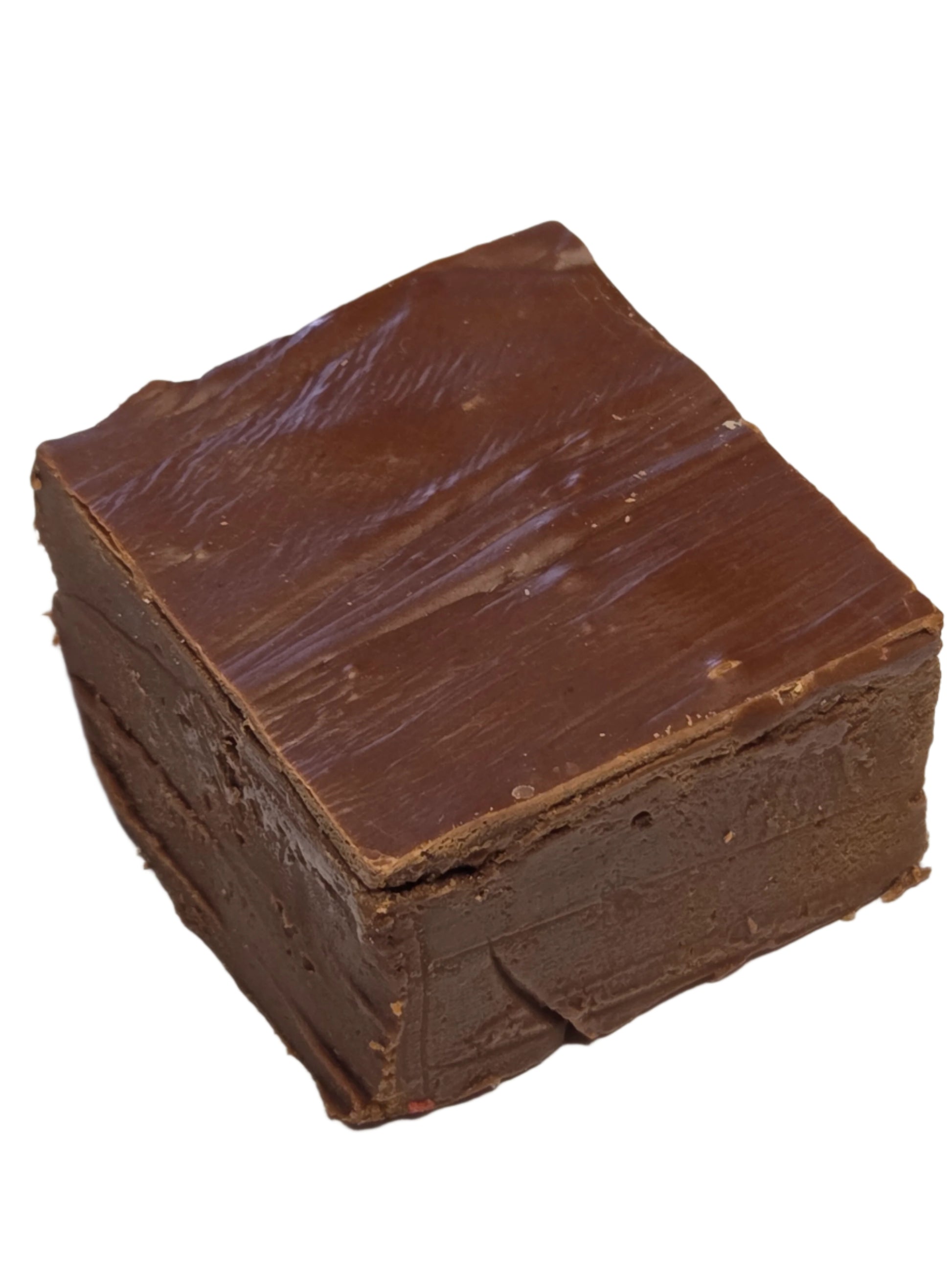 Square block of rich Chocolate Fudge with glossy surface