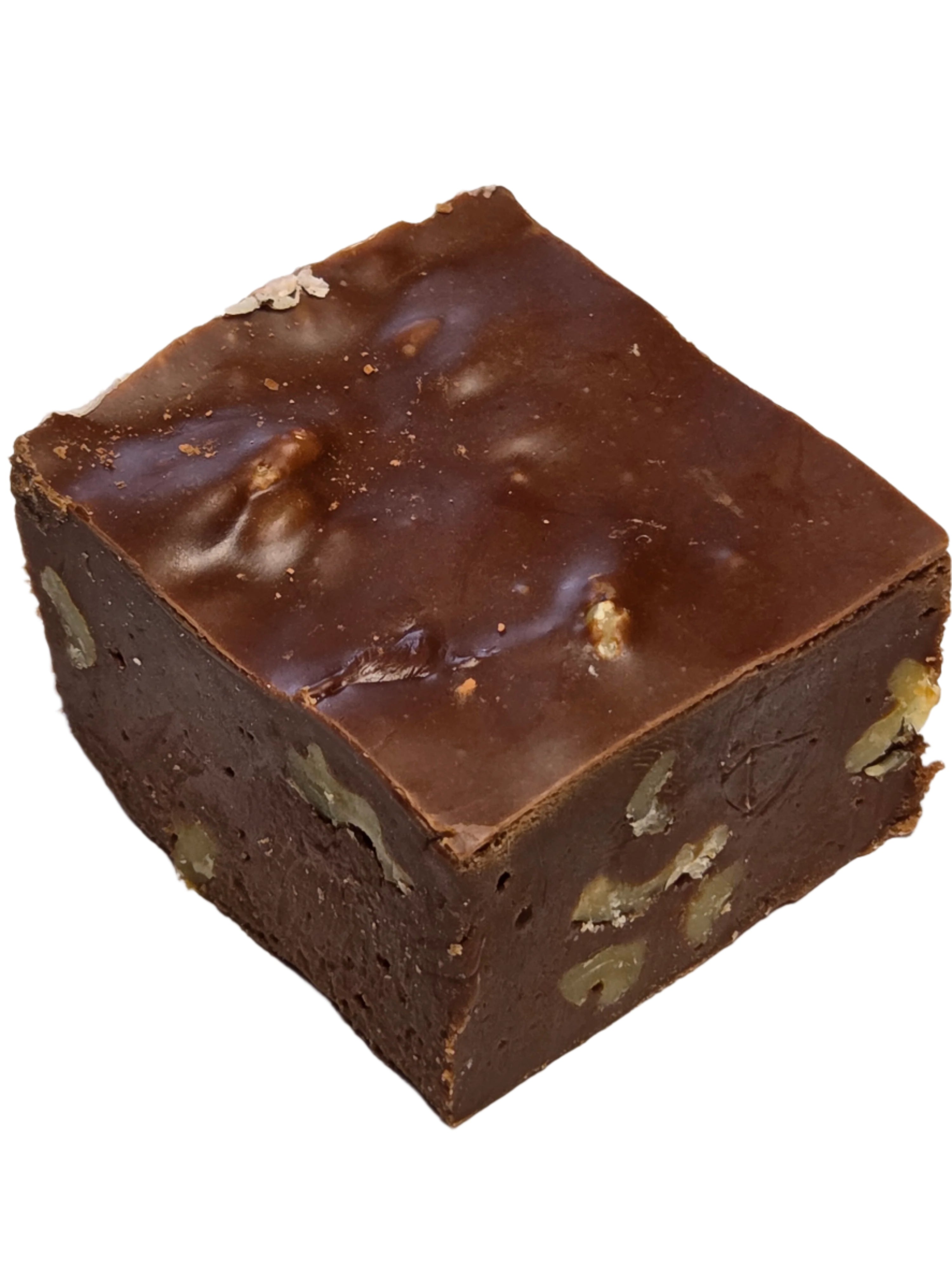 Square dark chocolate walnut fudge with glossy surface, nuts and salt