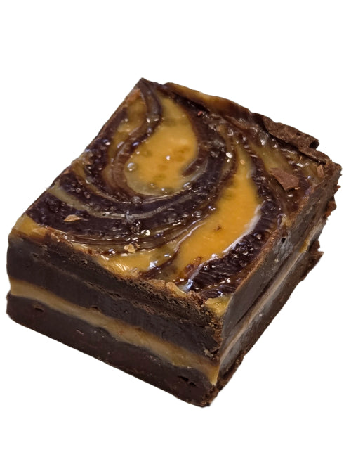 Square dark chocolate sea salt fudge brownie with caramel swirl layers