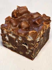 Rocky Road Fudge: square chocolate bar with nuts, marshmallows, caramel