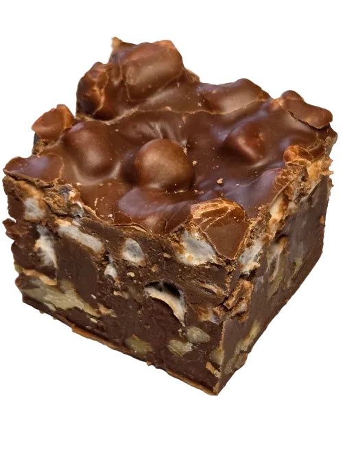 Rocky Road Fudge: square chocolate bar with nuts, marshmallows, caramel