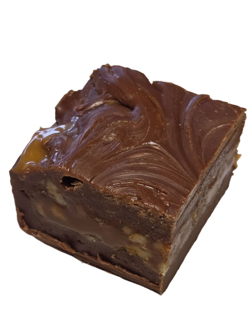 Turtle Fudge: glossy dark chocolate square with caramel swirls and nuts