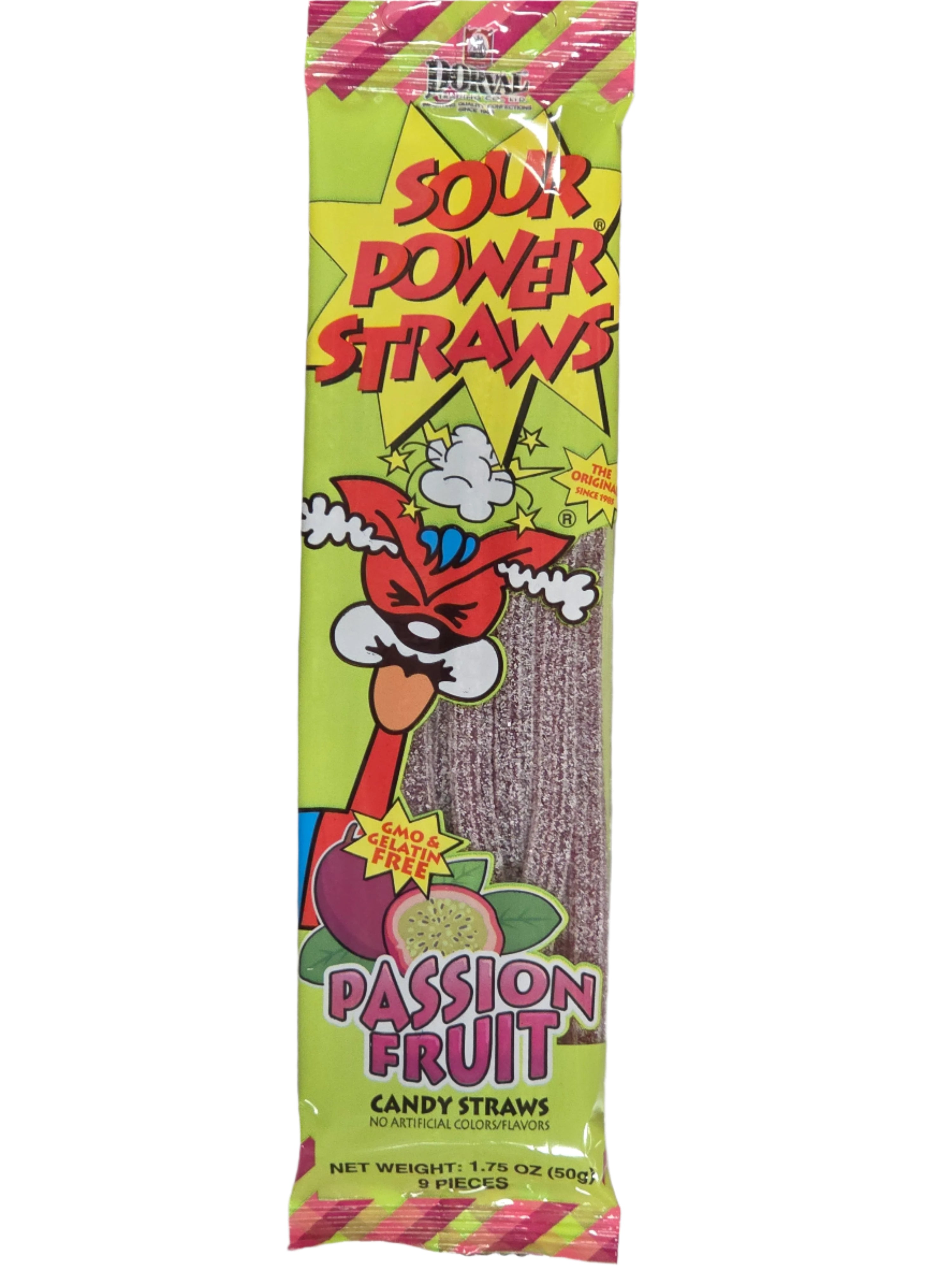 Vibrant green pink Sour Power Straws Passion Fruit Candy package with cartoon character