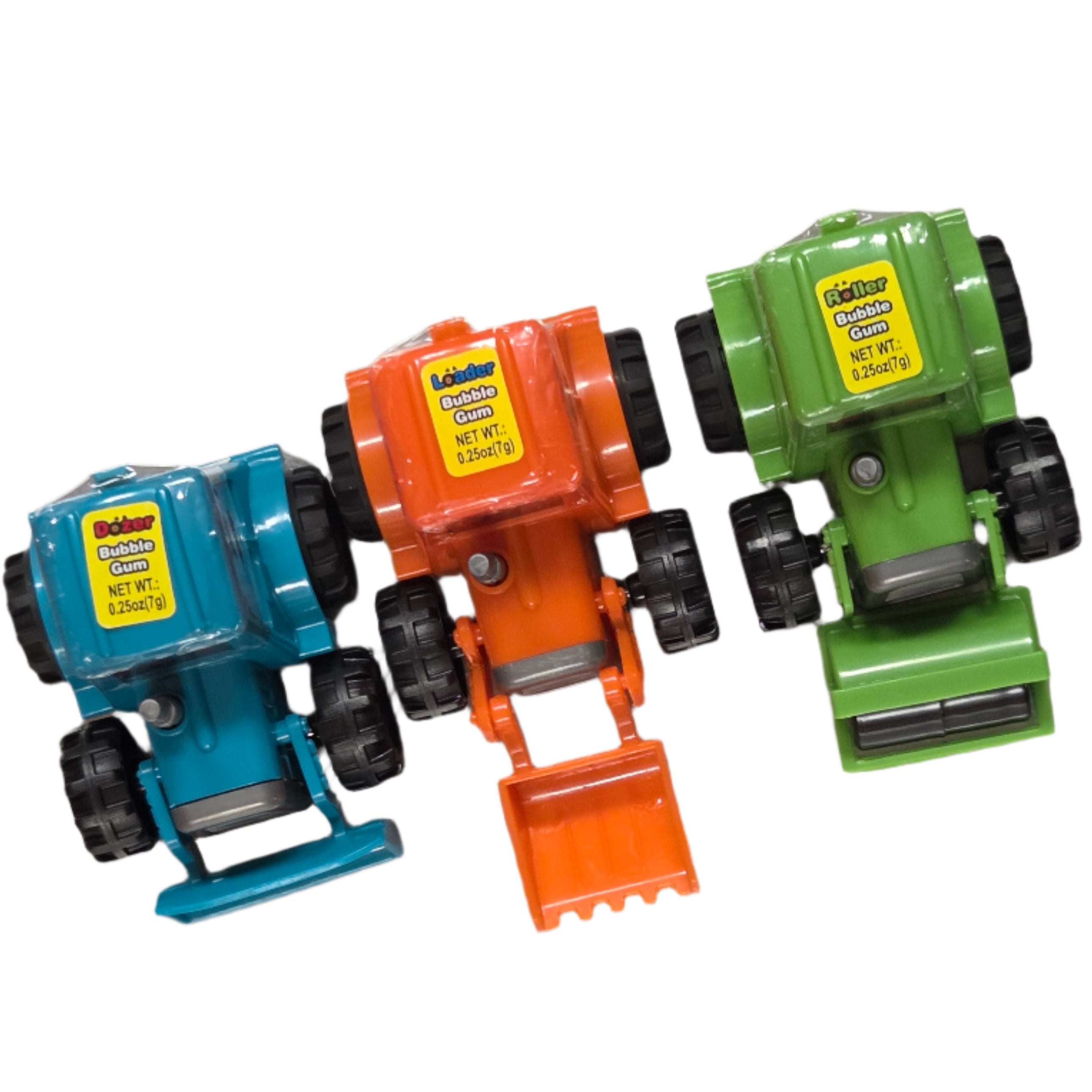 Bubble Dozer Toy with Candy: colorful vehicle-shaped gum packs