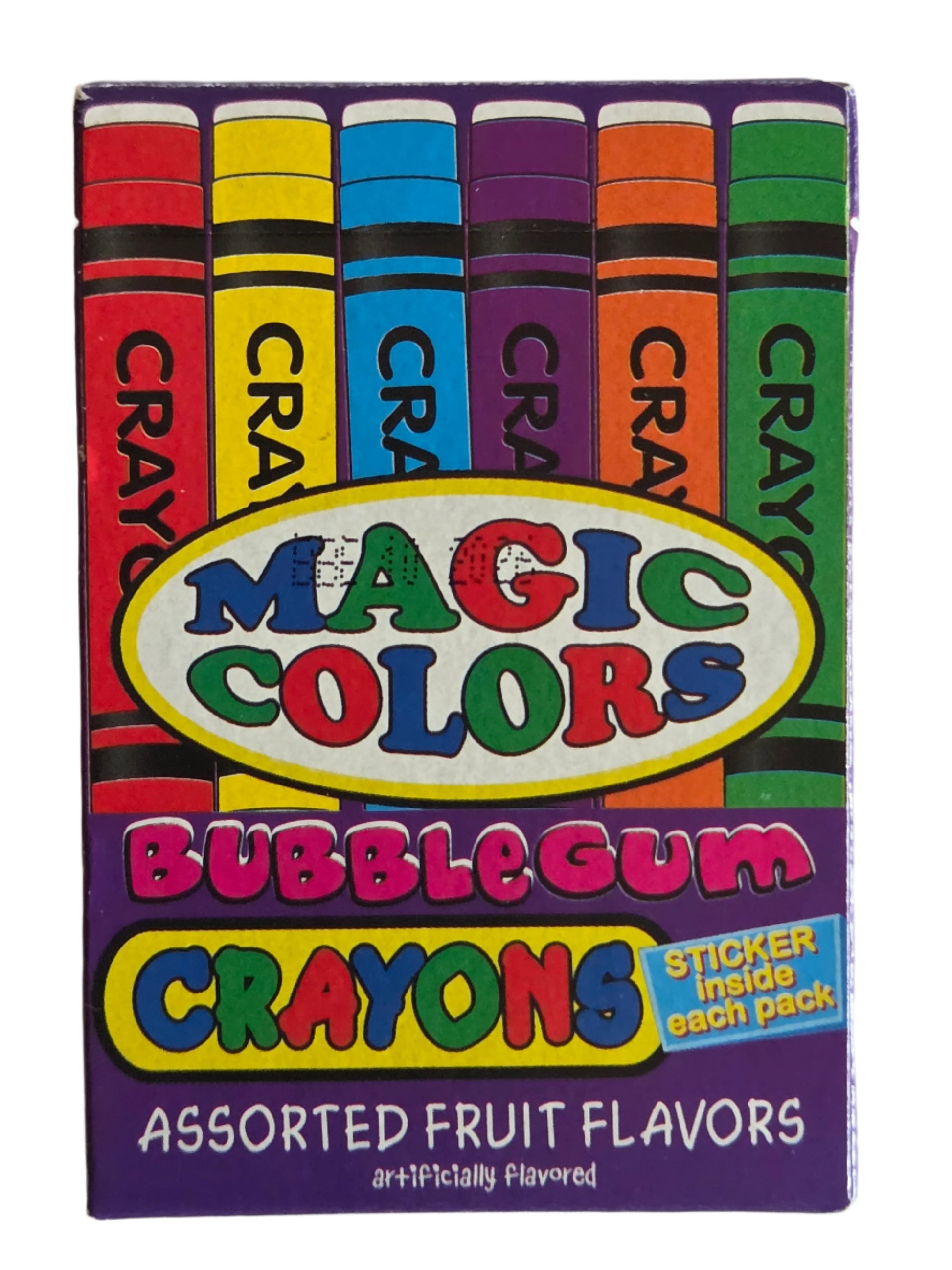Vibrant purple box of Magic Colors Bubble Gum Crayons with 6 fruit flavors