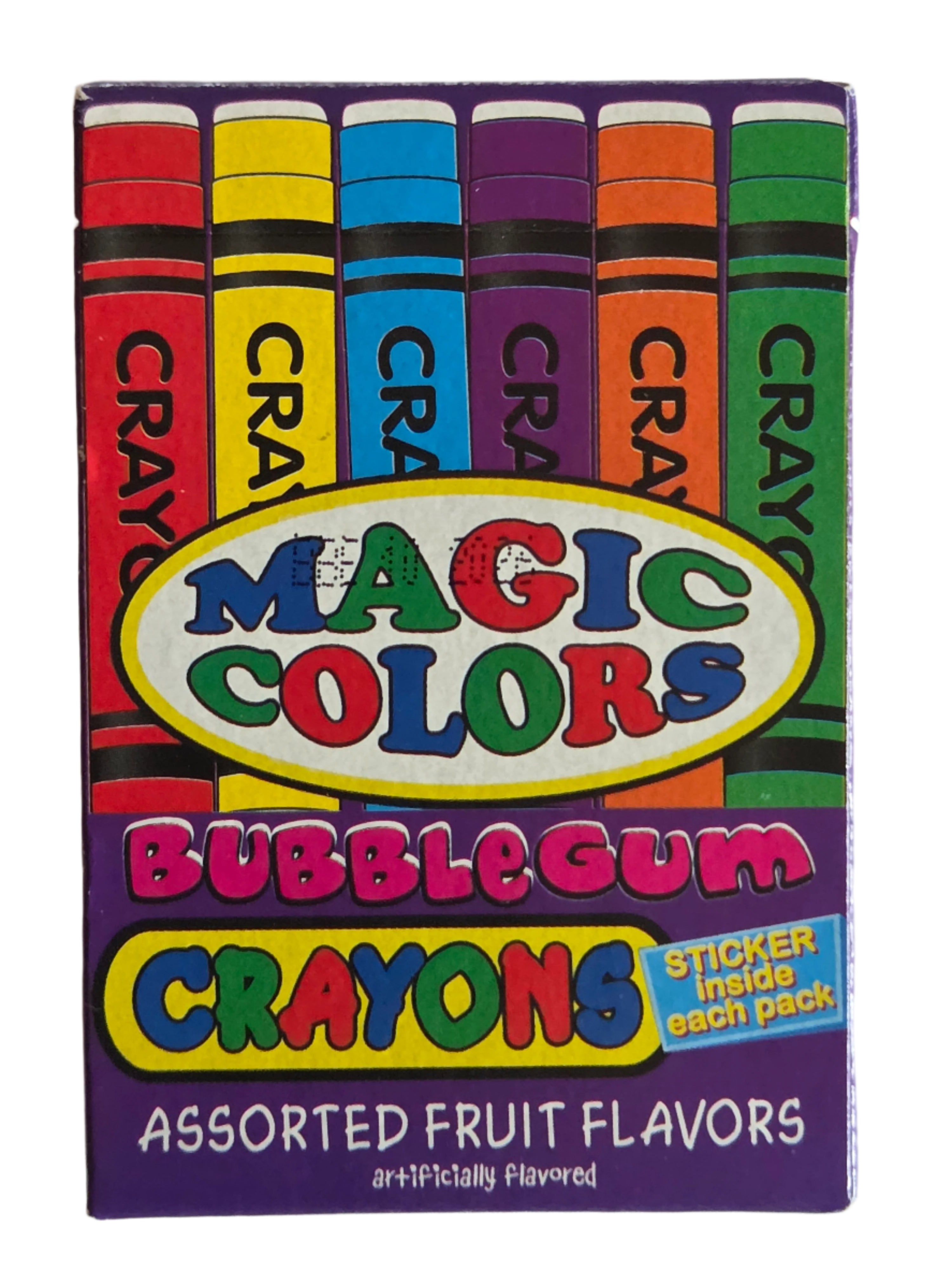 Vibrant purple box of Magic Colors Bubble Gum Crayons with 6 fruit flavors