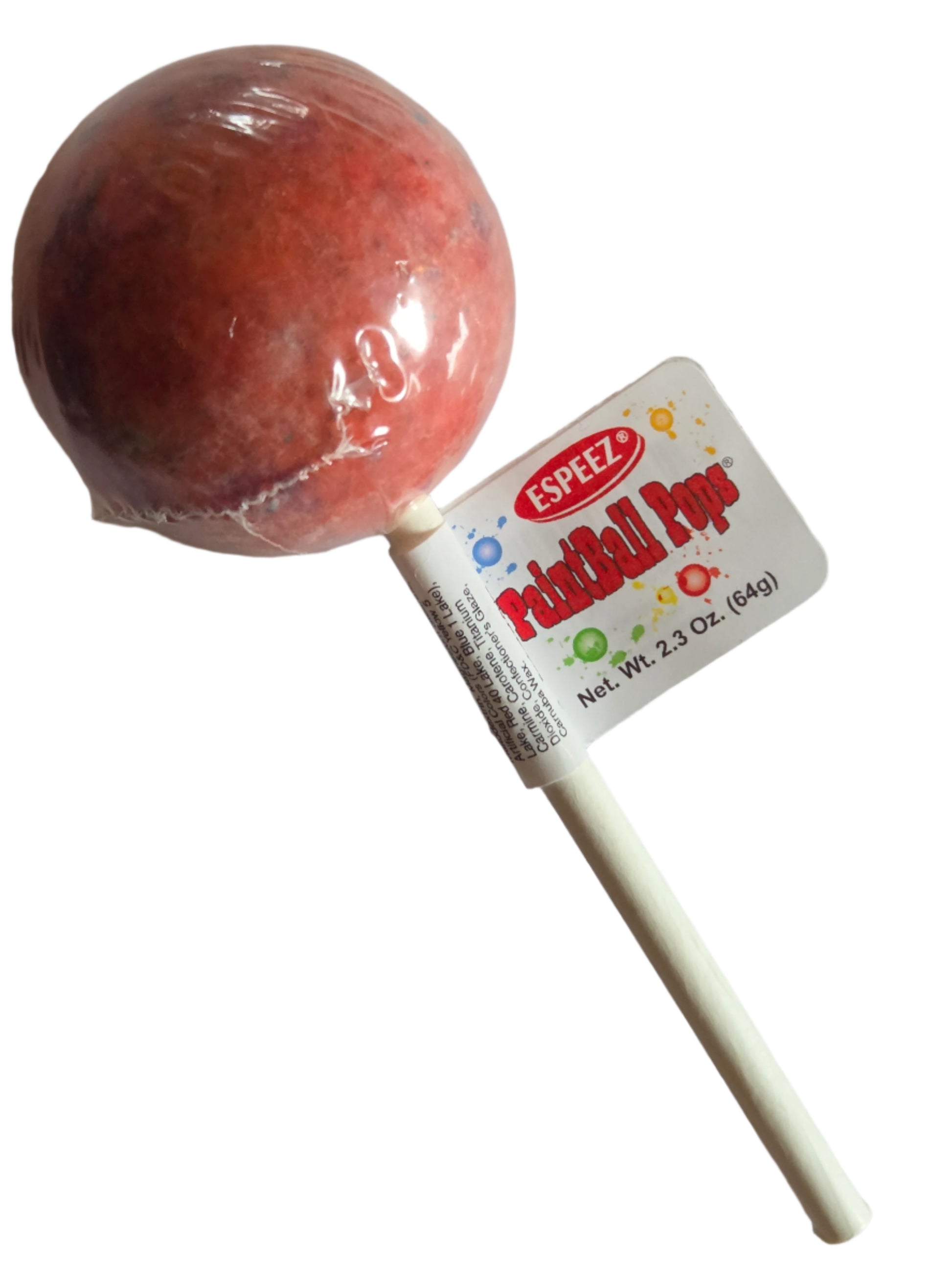 Red glossy Espeez Paintball Pops lollipop with white stick and colorful label