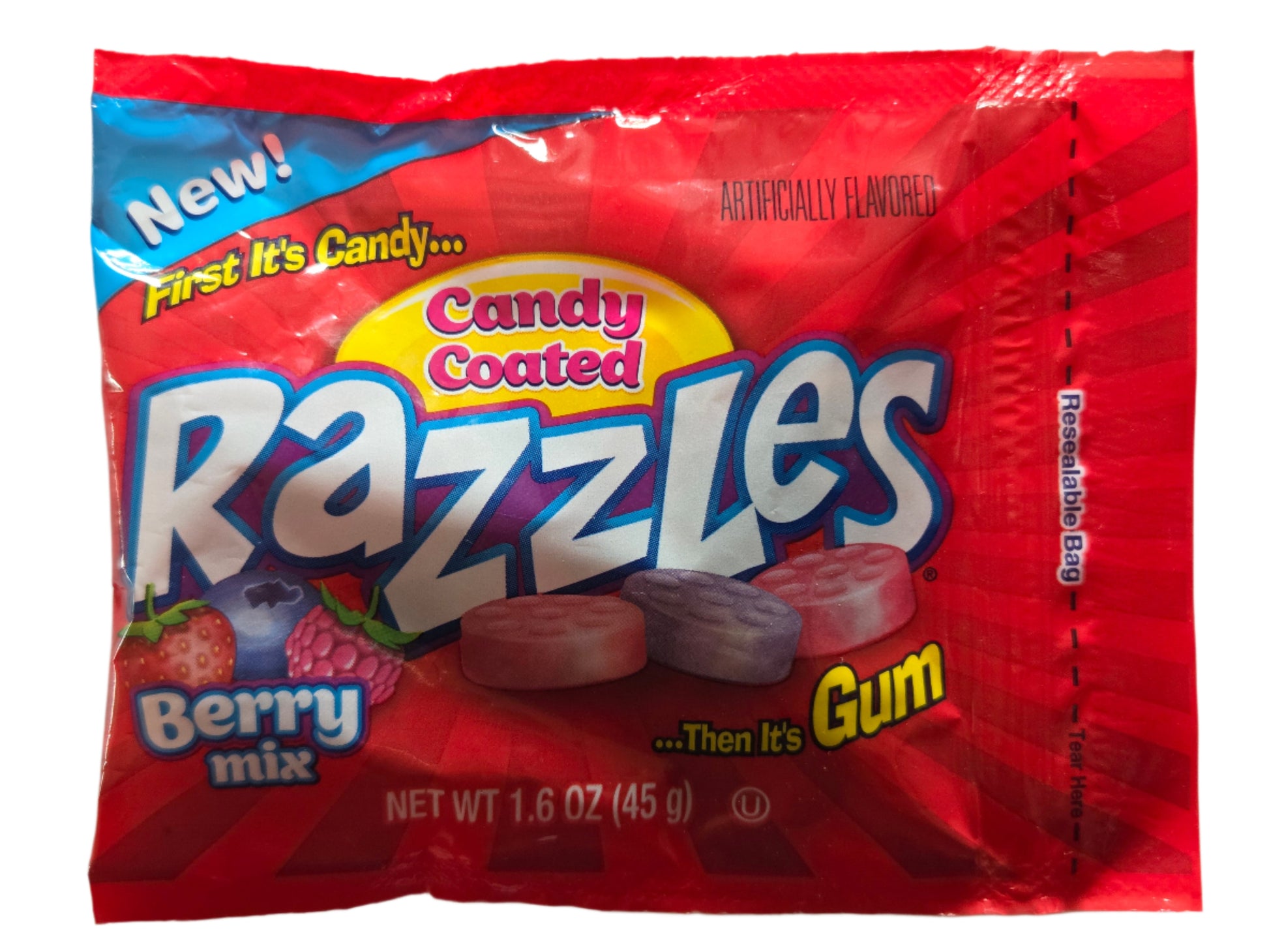 Red plastic bag of Razzles Berry Mix candy coated gum