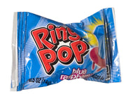 Blue raspberry Ring Pop candy in shiny blue and red wrapper