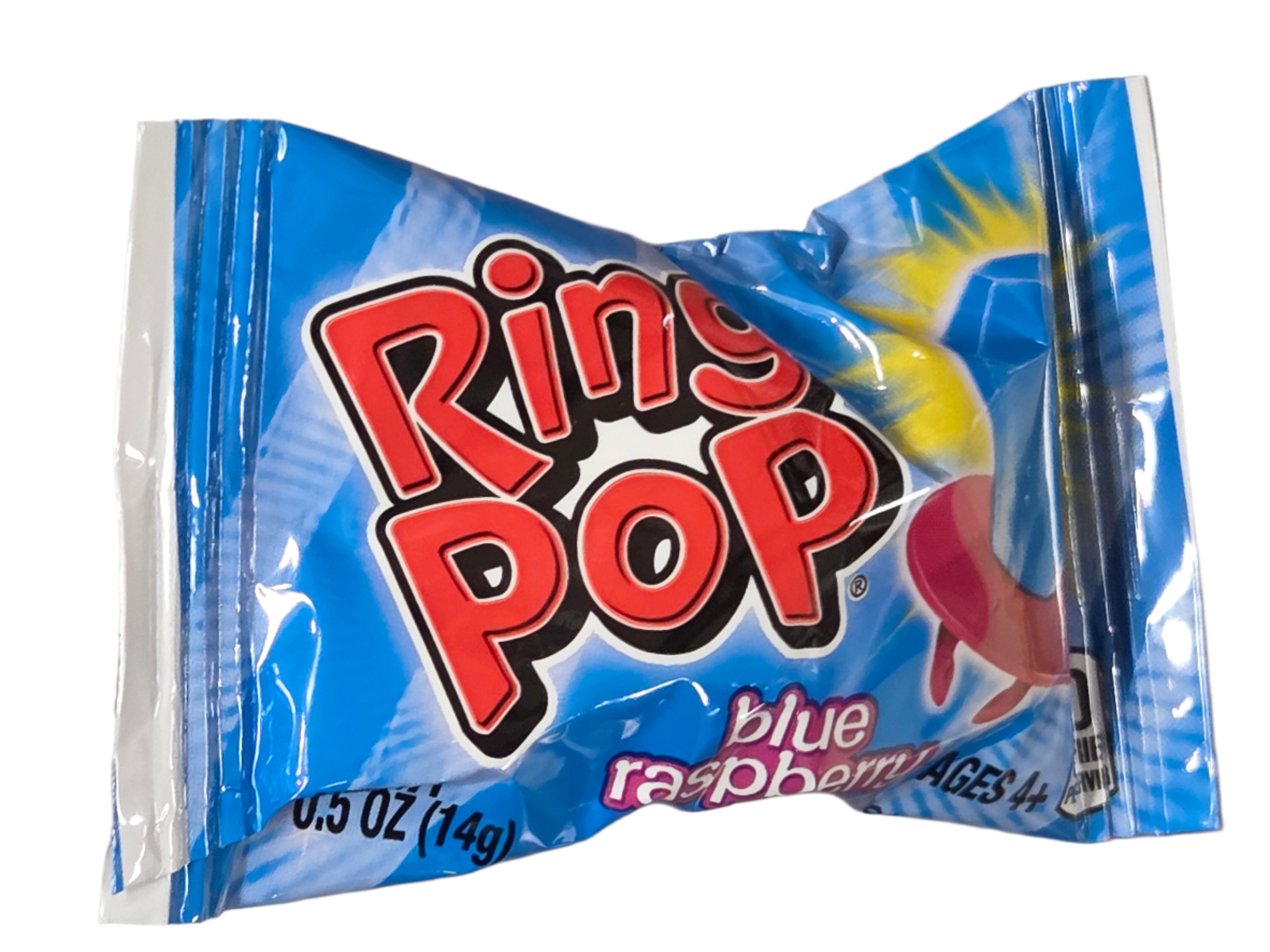 Blue raspberry Ring Pop candy in shiny blue and red wrapper
