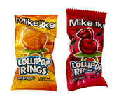 Mike and Ike lollipop rings in orange and cherry flavors, glossy packaging