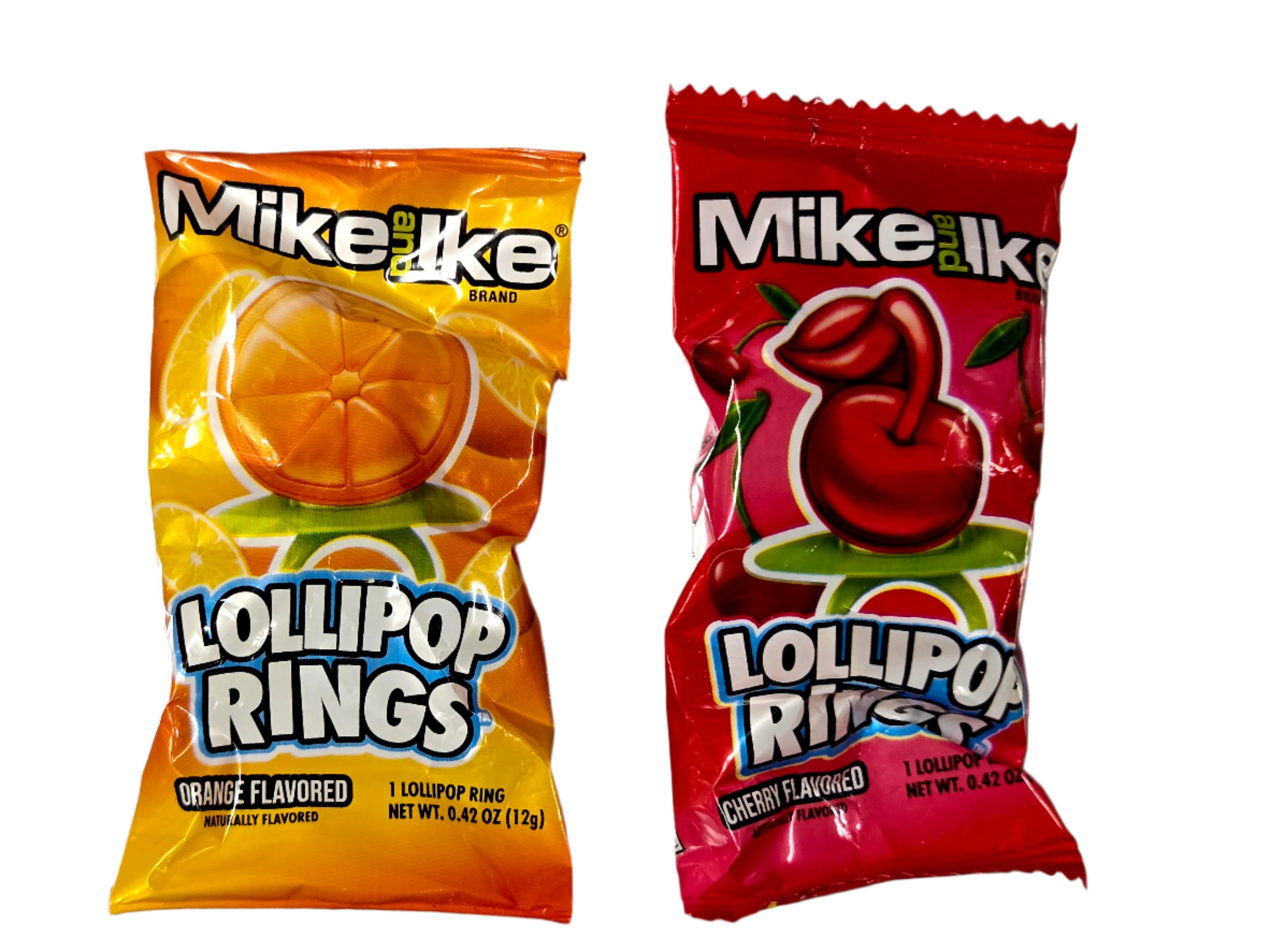 Mike and Ike lollipop rings in orange and cherry flavors, glossy packaging