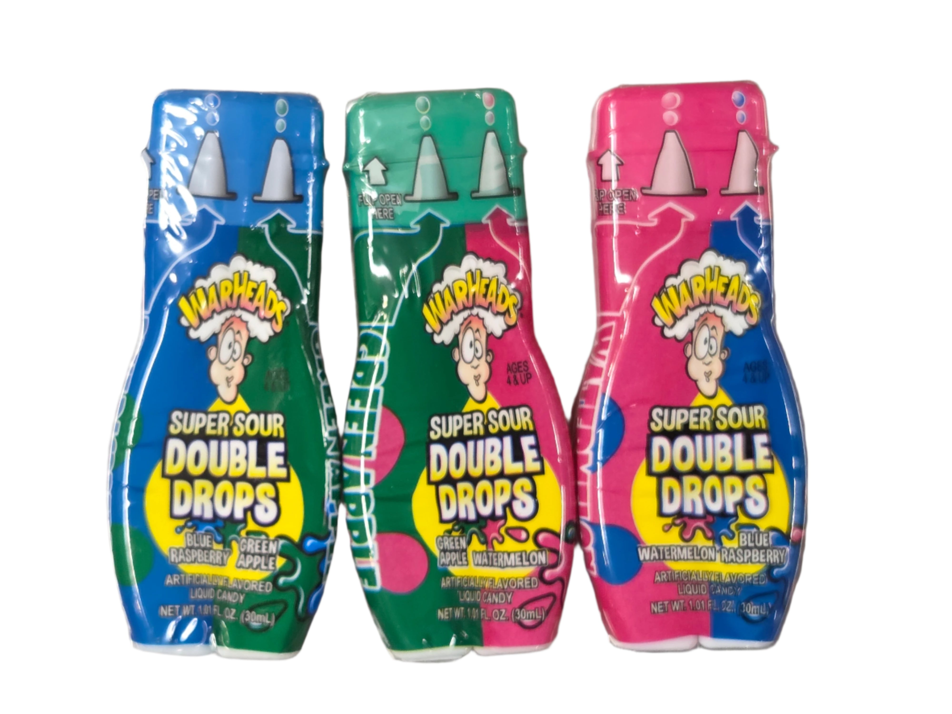 Three colorful Warheads Double Drops super sour candy bottles