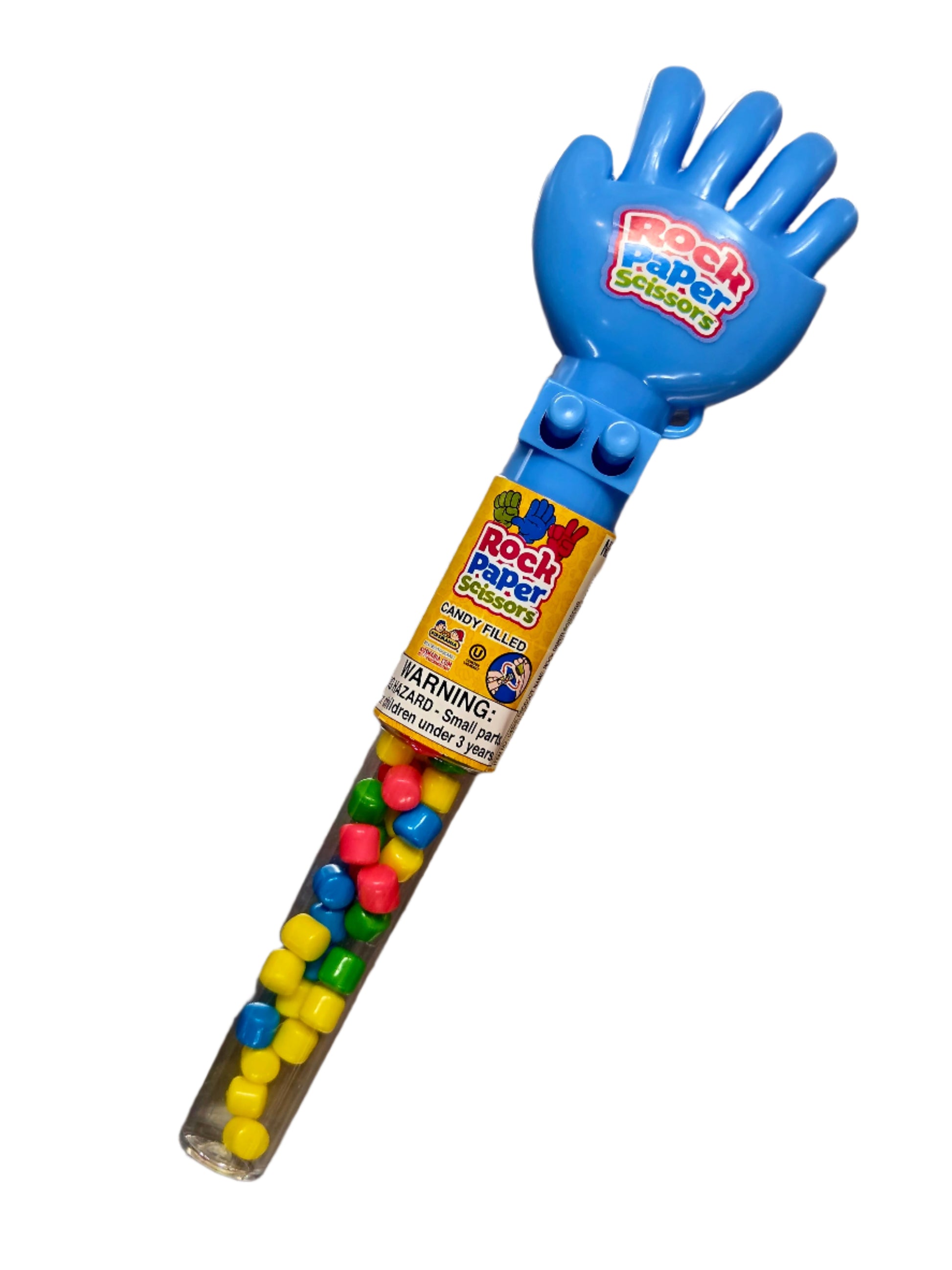 Blue hand-shaped Rock Paper Scissors toy with colorful candy tube on yellow packaging