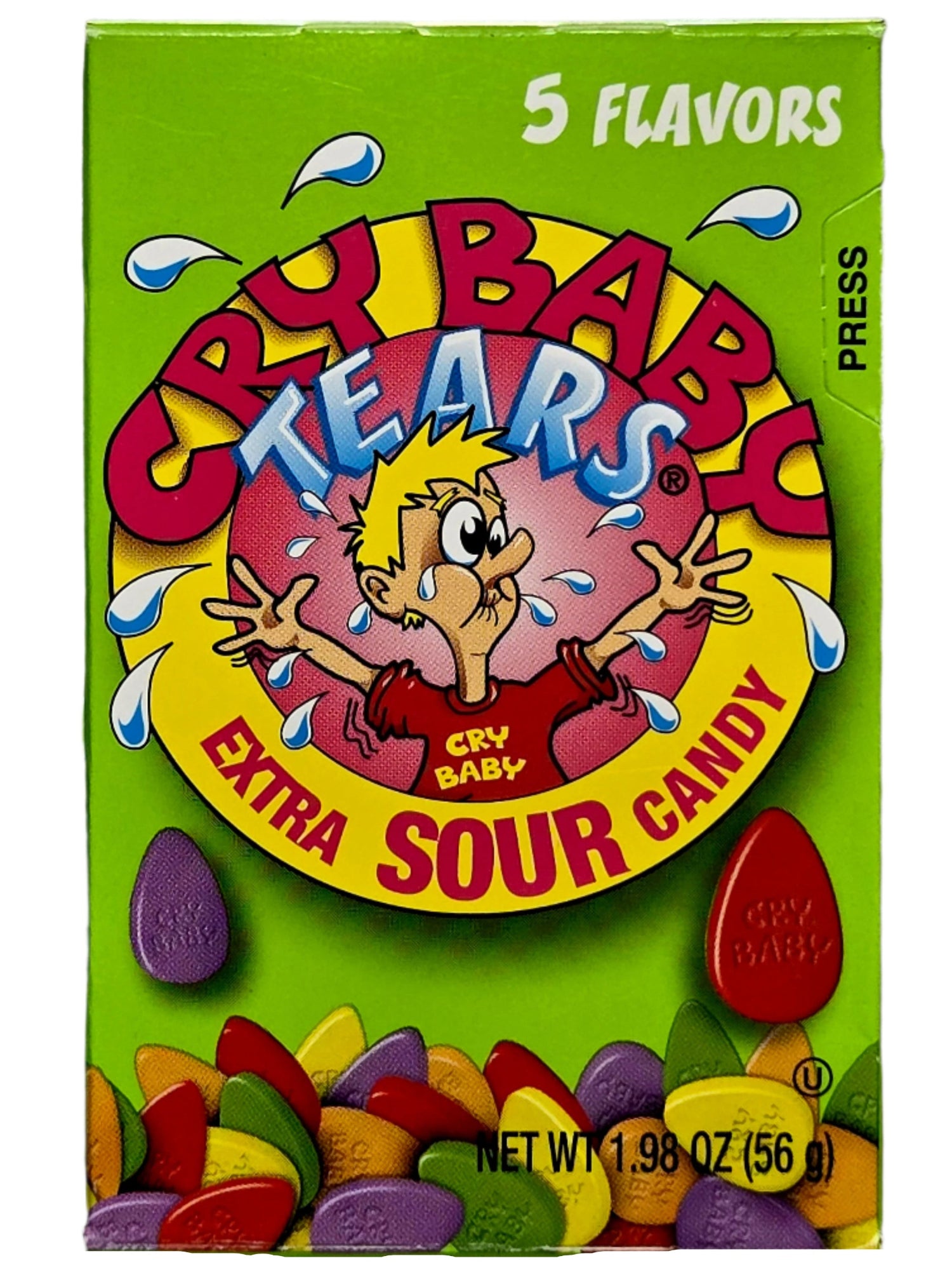 Bright green Cry Baby Tears Extra Sour Candy box with cartoon tears and multicolored candies