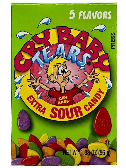 Bright green Cry Baby Tears Extra Sour Candy box with cartoon tears and multicolored candies